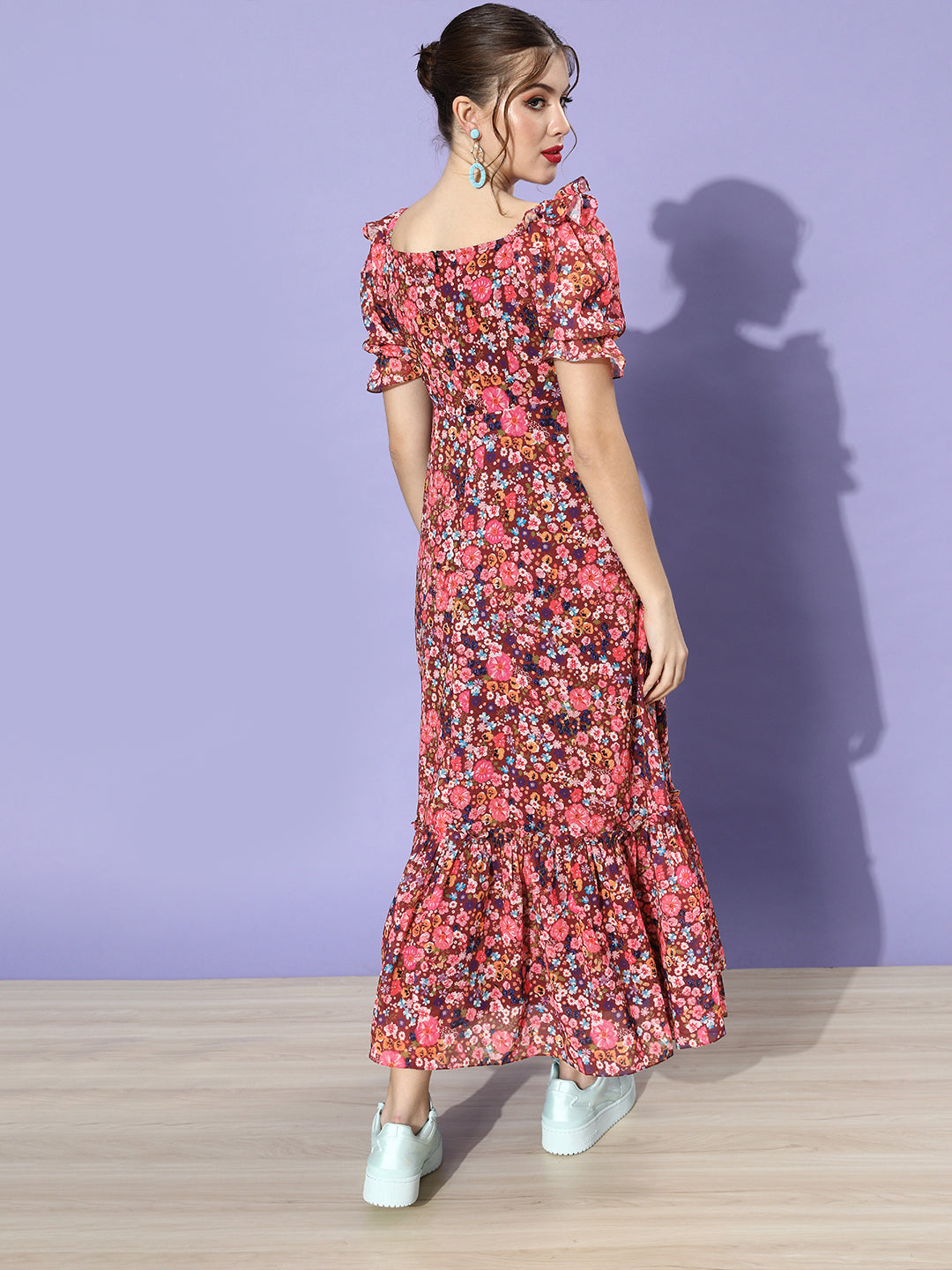 Women's Multicolored-Base-Wine V-Neck Puff Sleeve Floral Ruching Ankle-Length Dress