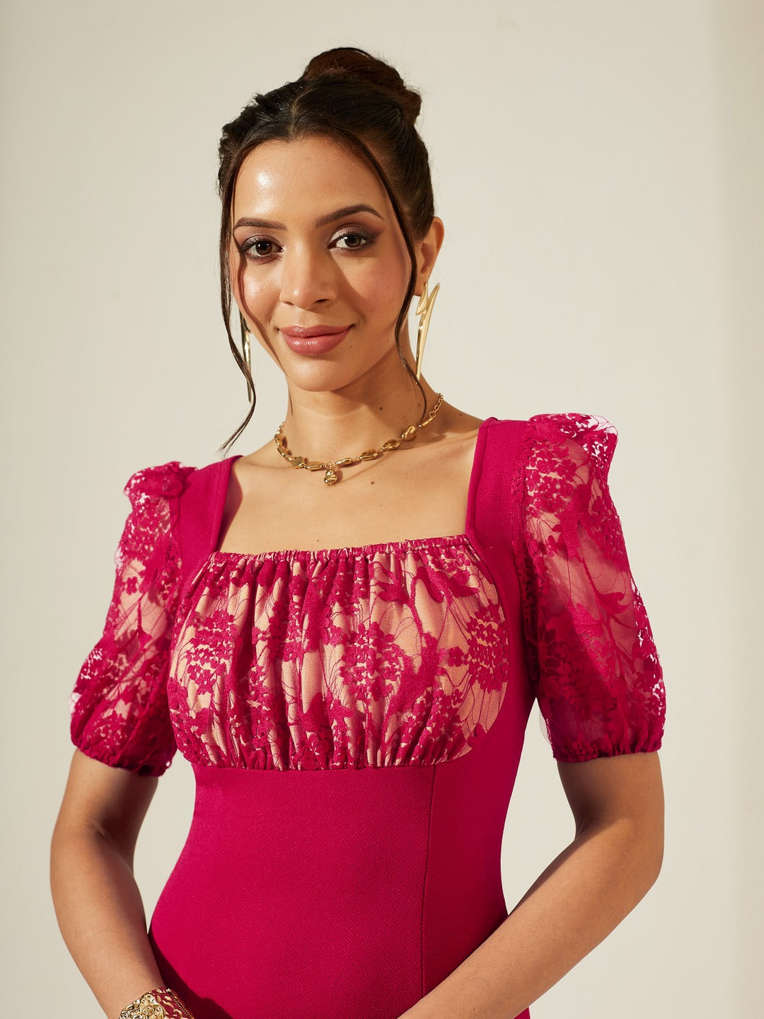 Dark Pink Square Puff Sleeve Solid Lace Overlaid Ankle Length Dress for Women