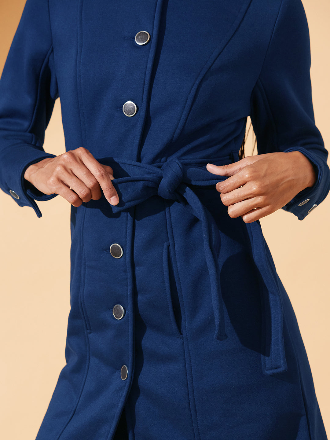 Navy-Blue Collared Full Sleeve Solid Tie-up Longline Jacket for Women