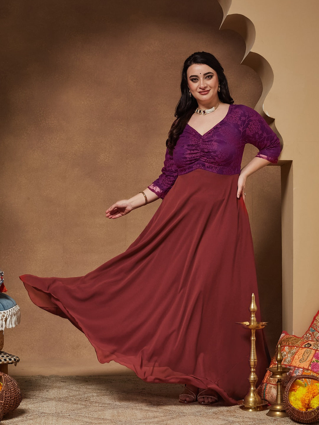Brick Red Sweet heart neck 3/4 Sleeve Self Design Fit & Flare Maxi Dress for Women
