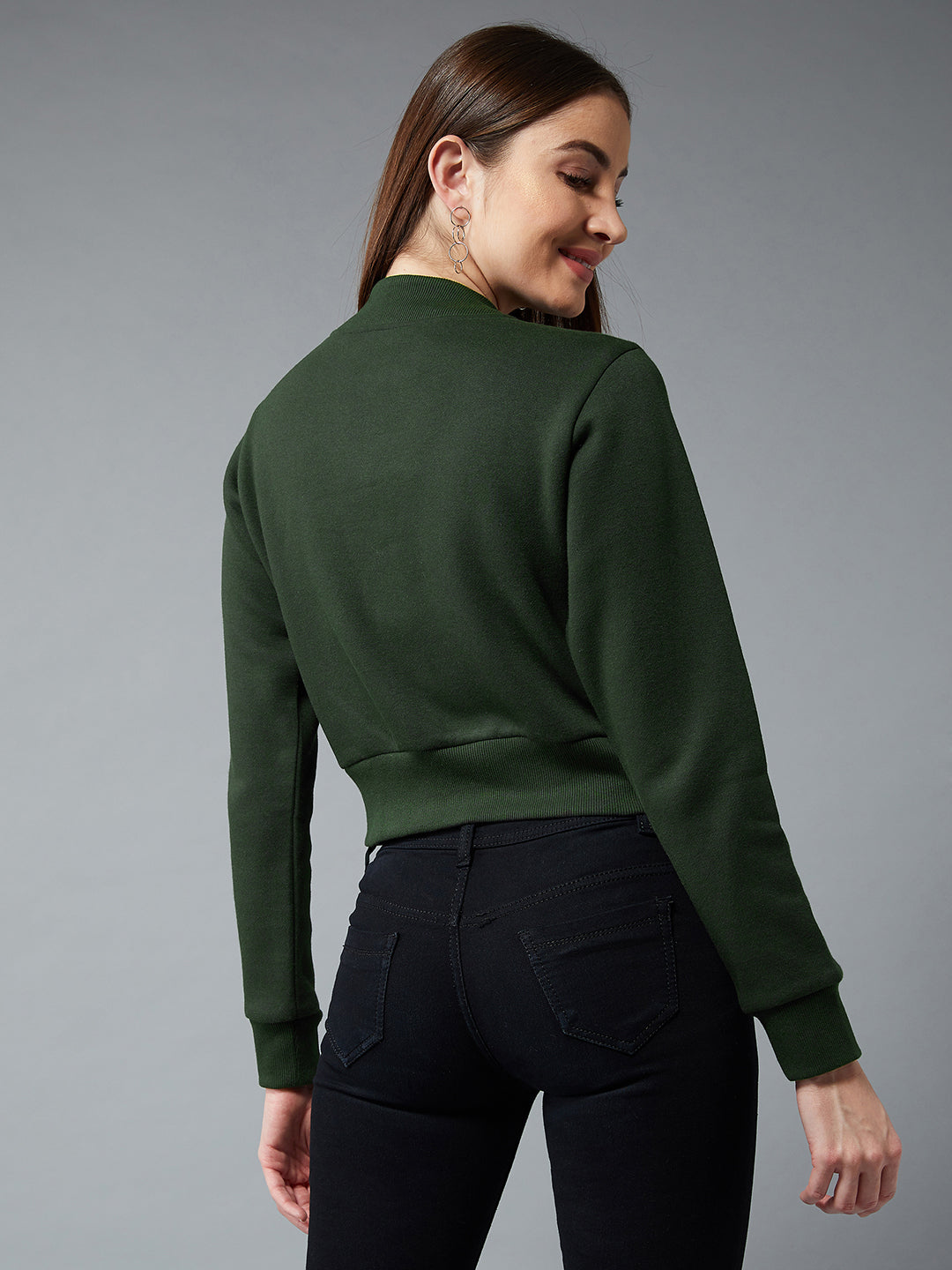 Women's Green Stand Collar Full Sleeves Cotton Boxy/Bomber Cropped Jacket