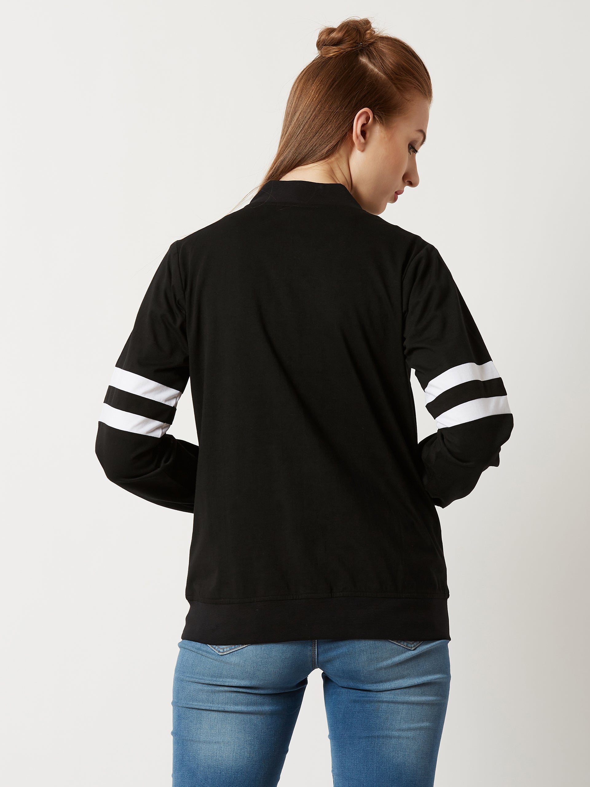 Women's Black Round Neck Full Sleeve Cotton Solid Stripe Detailing Bomber Jacket