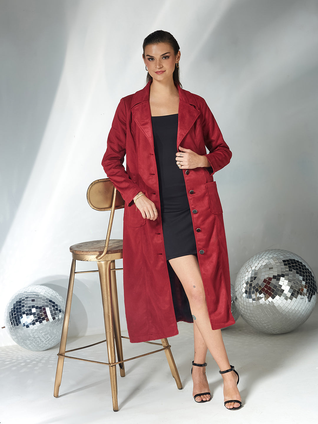 Women's Dark Red Solid V-Neck Full Sleeves Patched Pocketed Polyester Button Down Longline Winter Wear Jacket