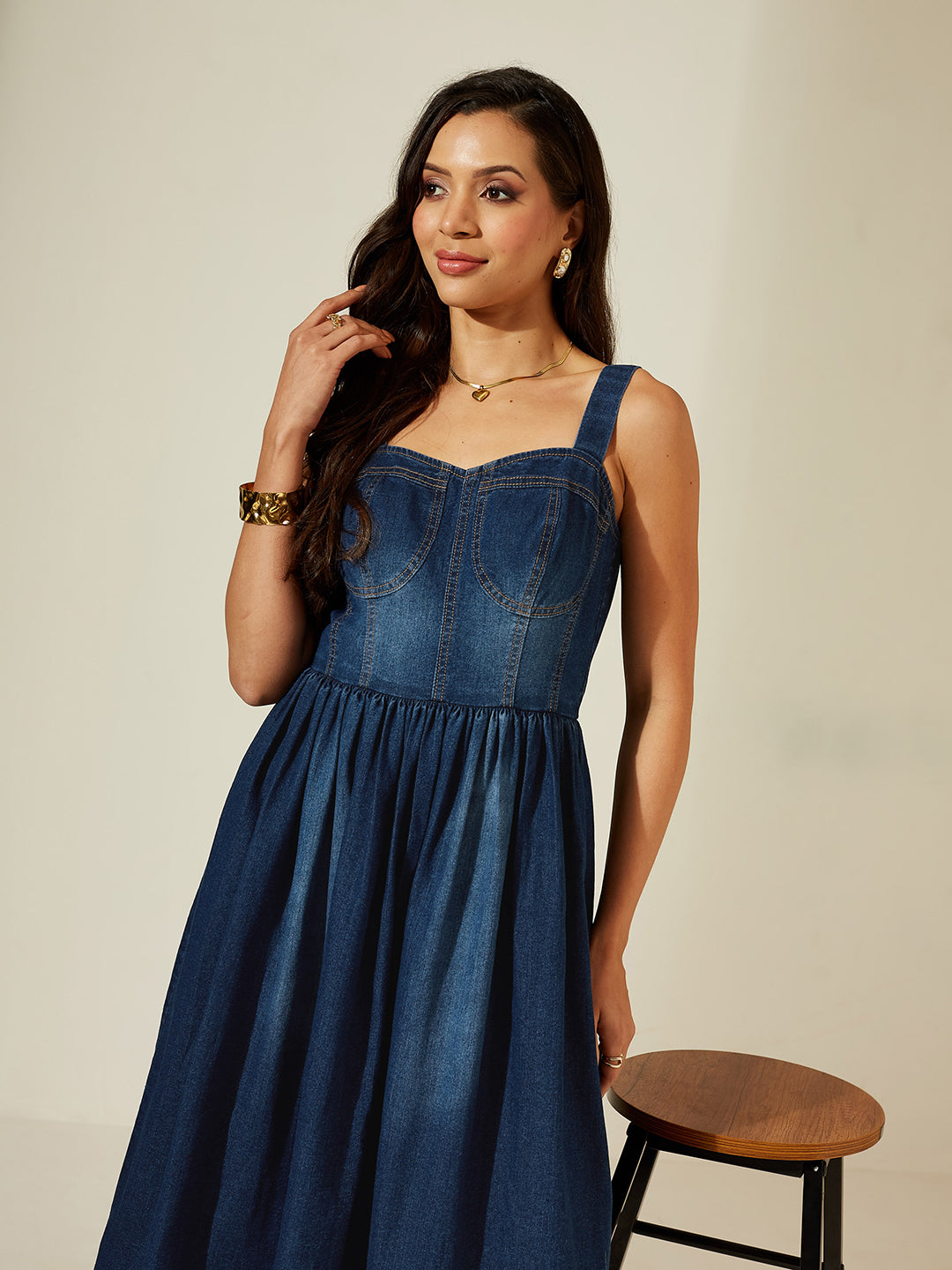 Navy Blue Sweetheart Bustier Gathered Midi Denim Dress For Women