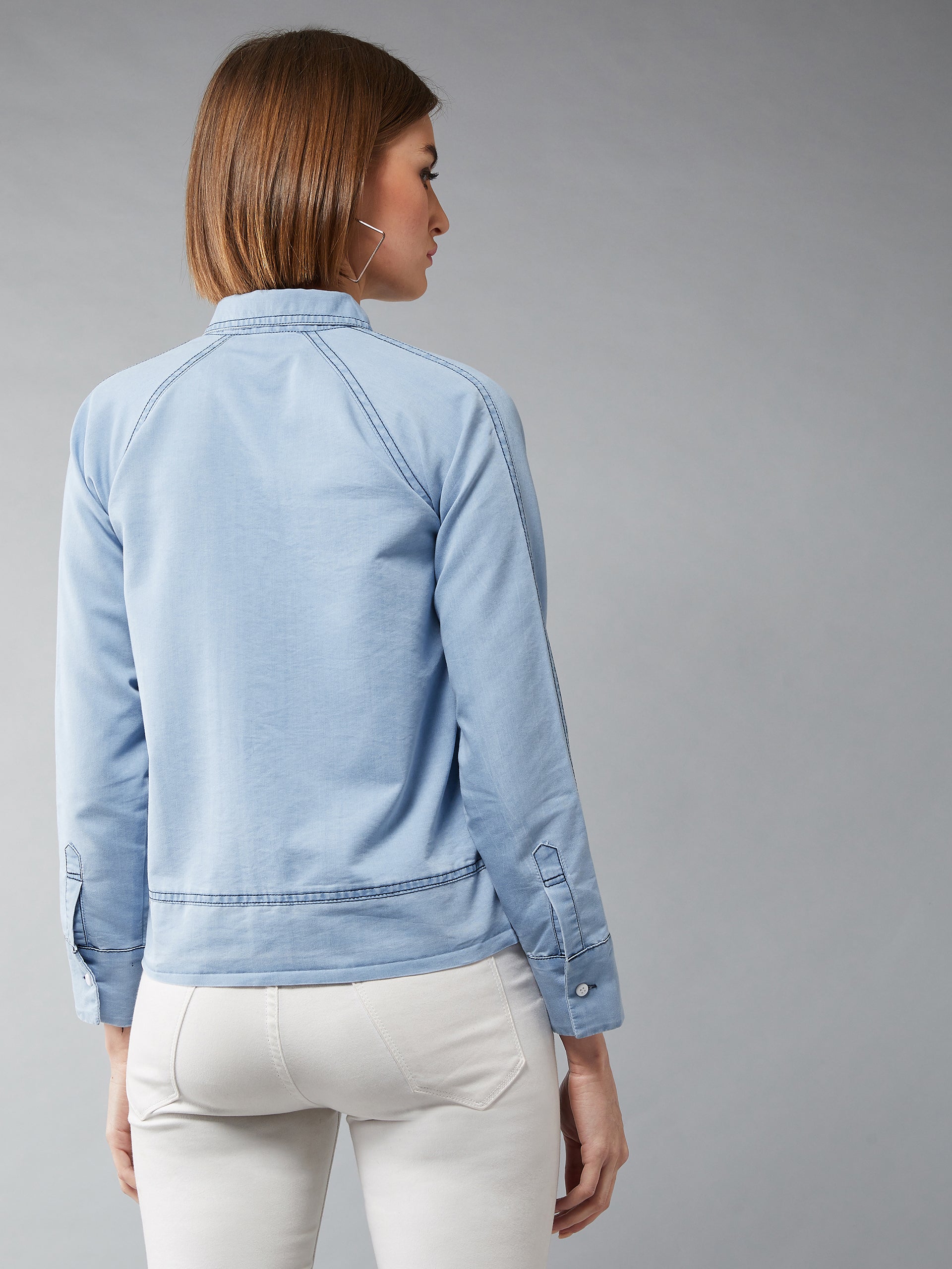 Women's Light Blue Polo Neck Full Sleeves Flap Detailing Denim Solid Regular Length Bomber Jacket