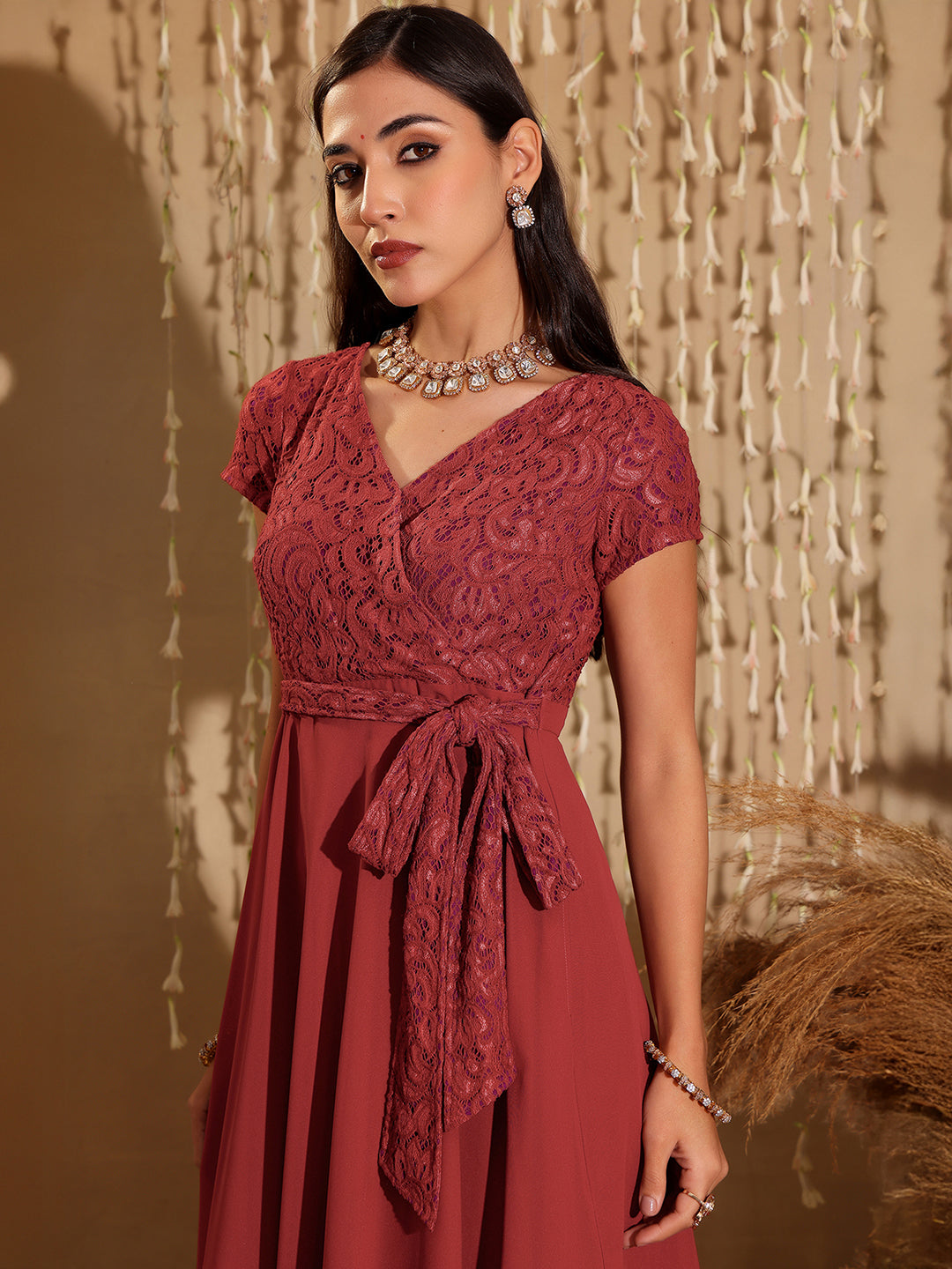 Women's Brick Red V-Neck Short Sleeve Self-Designed Lace Overlaid Georgette Maxi Dress