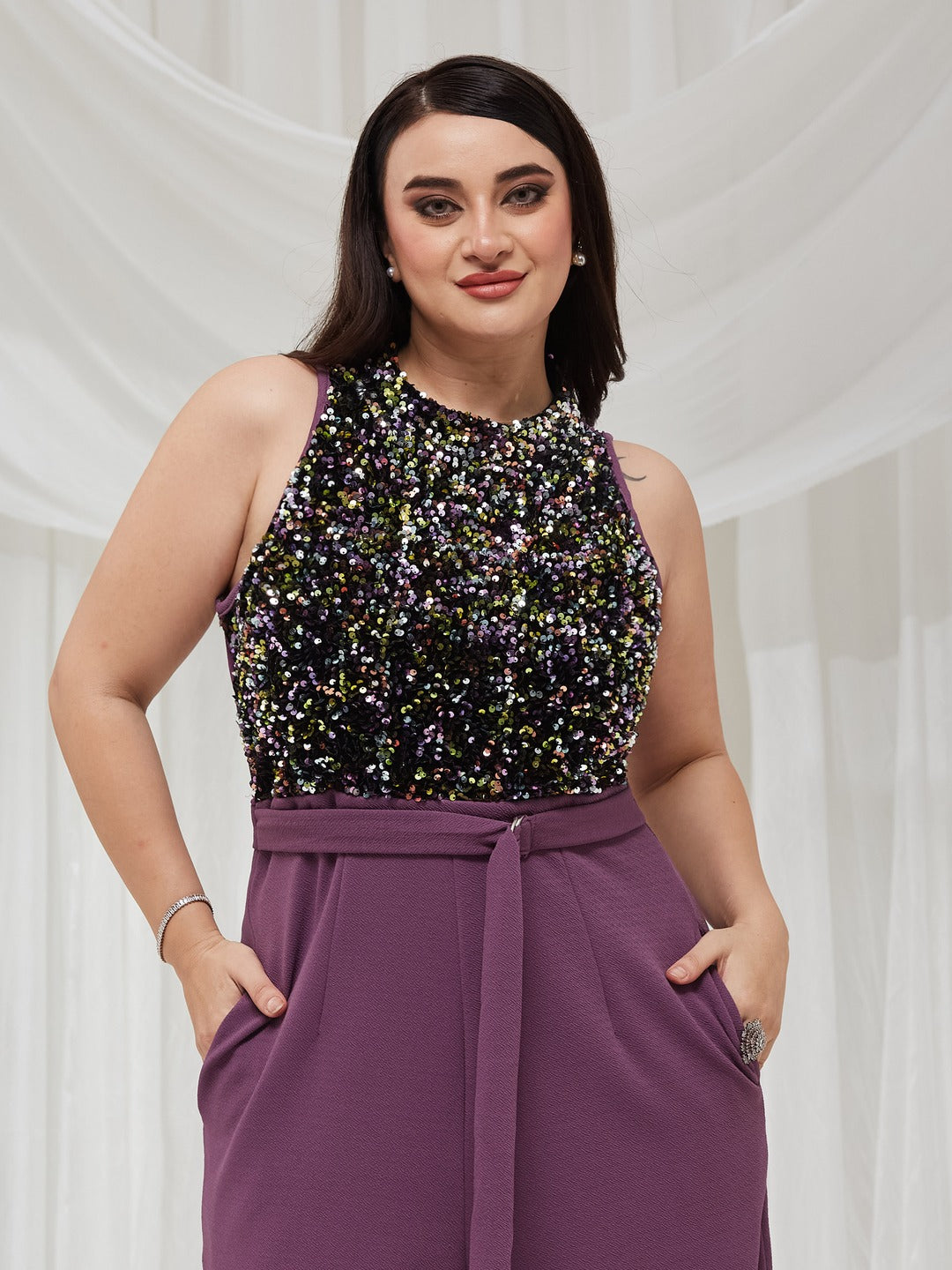 Lavender Halter Neck Sleeveless Embellished Regular-Length Jumpsuit for Women — Miss Chase A+