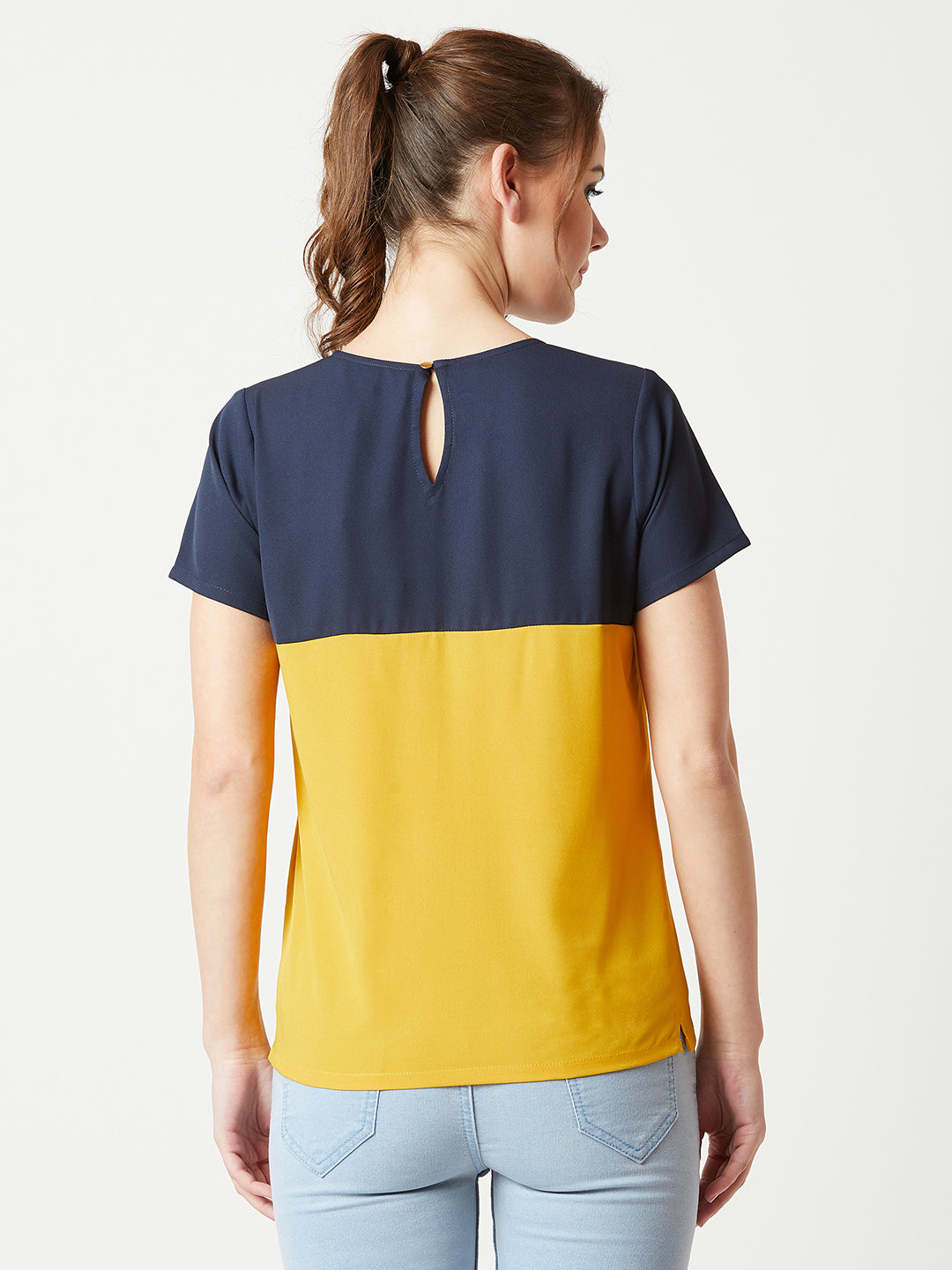 Women's Multicolored With A Navy Blue Base Round Neck Short Sleeve Solid Color block Boxy Top