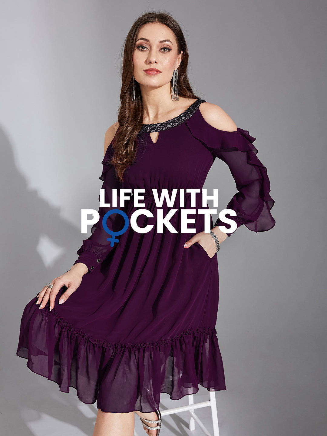 Women's Dark Purple Solid Round Neck Full Sleeves Polyester Ruffled Knee Length Dress