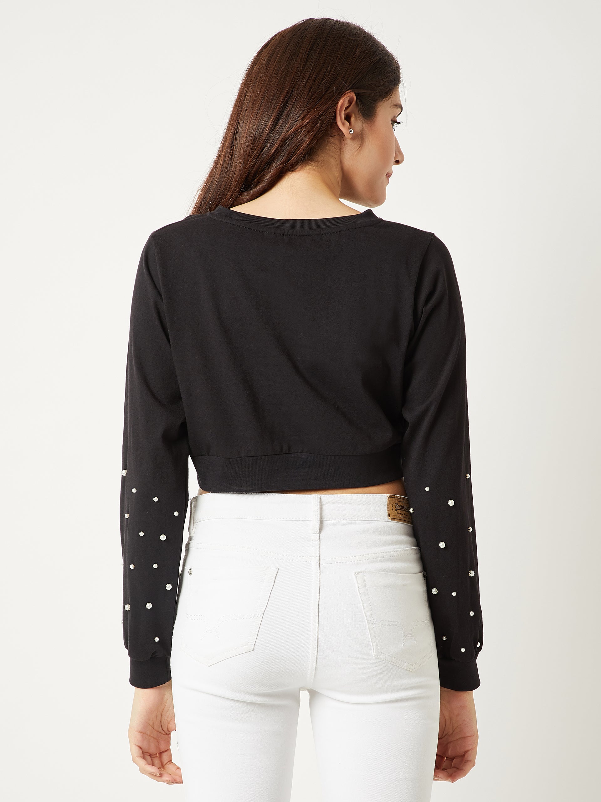 Women's Black Round Neck Full Sleeves Cotton Solid Pearl Detailing Boxy Crop Top