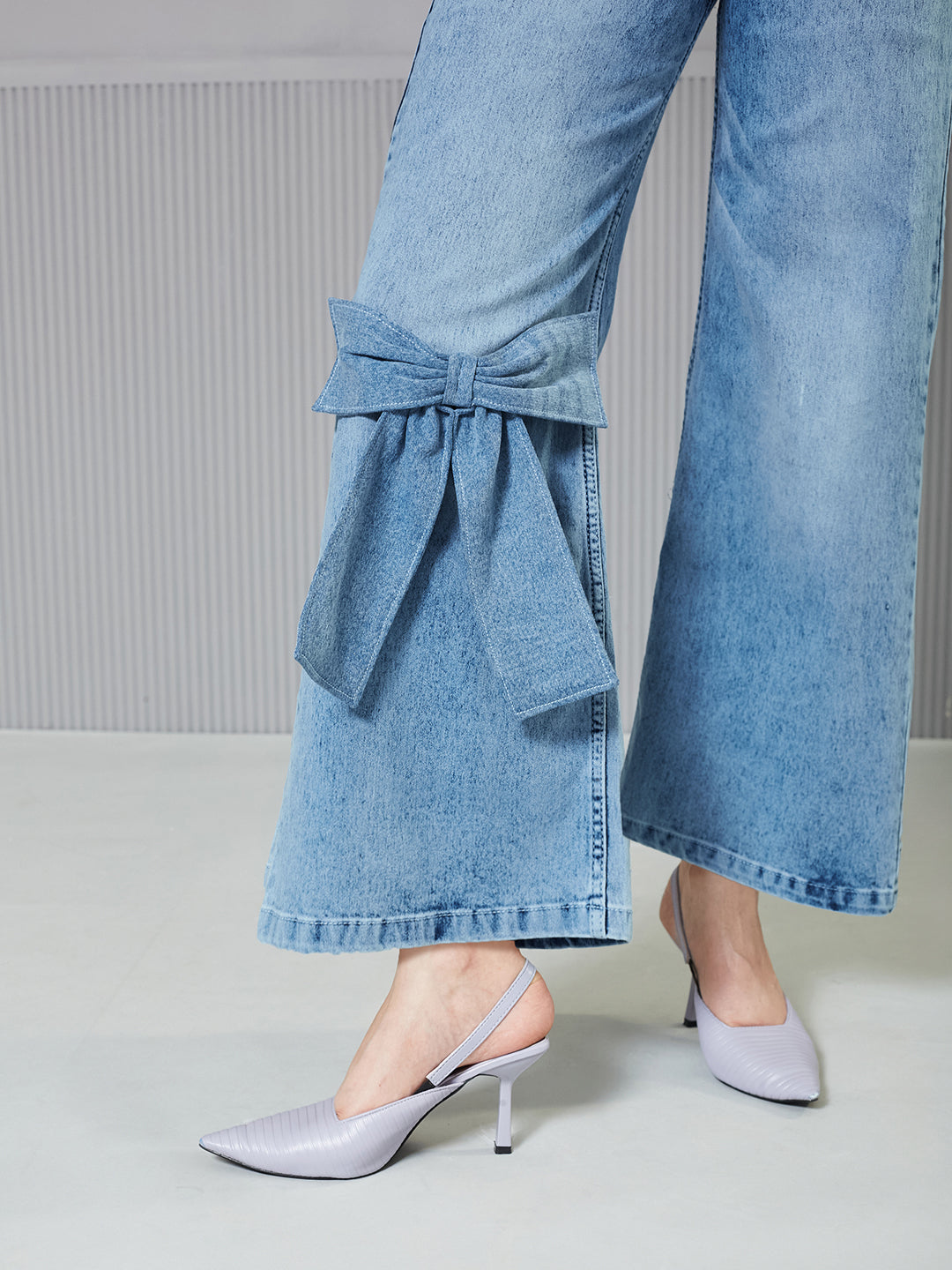 Light Blue Statement Bow Wide-Leg High-Rise Stretchable Denim Jeans for Women