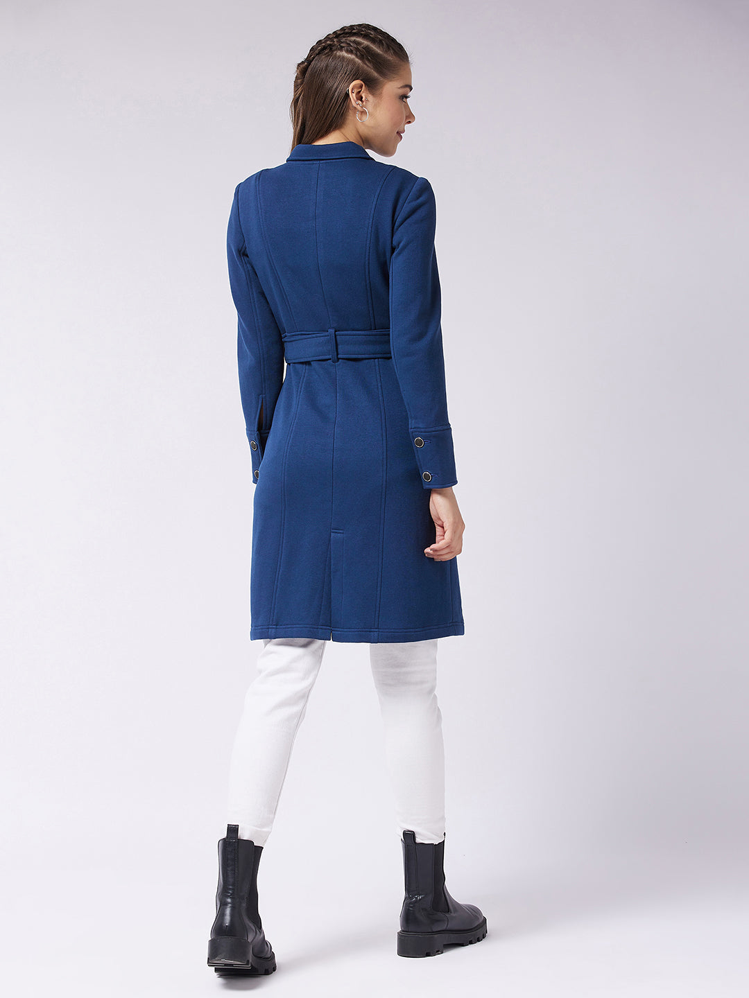 Women's Navy Blue Collared Full Sleeve Solid Tie-up Longline Jacket