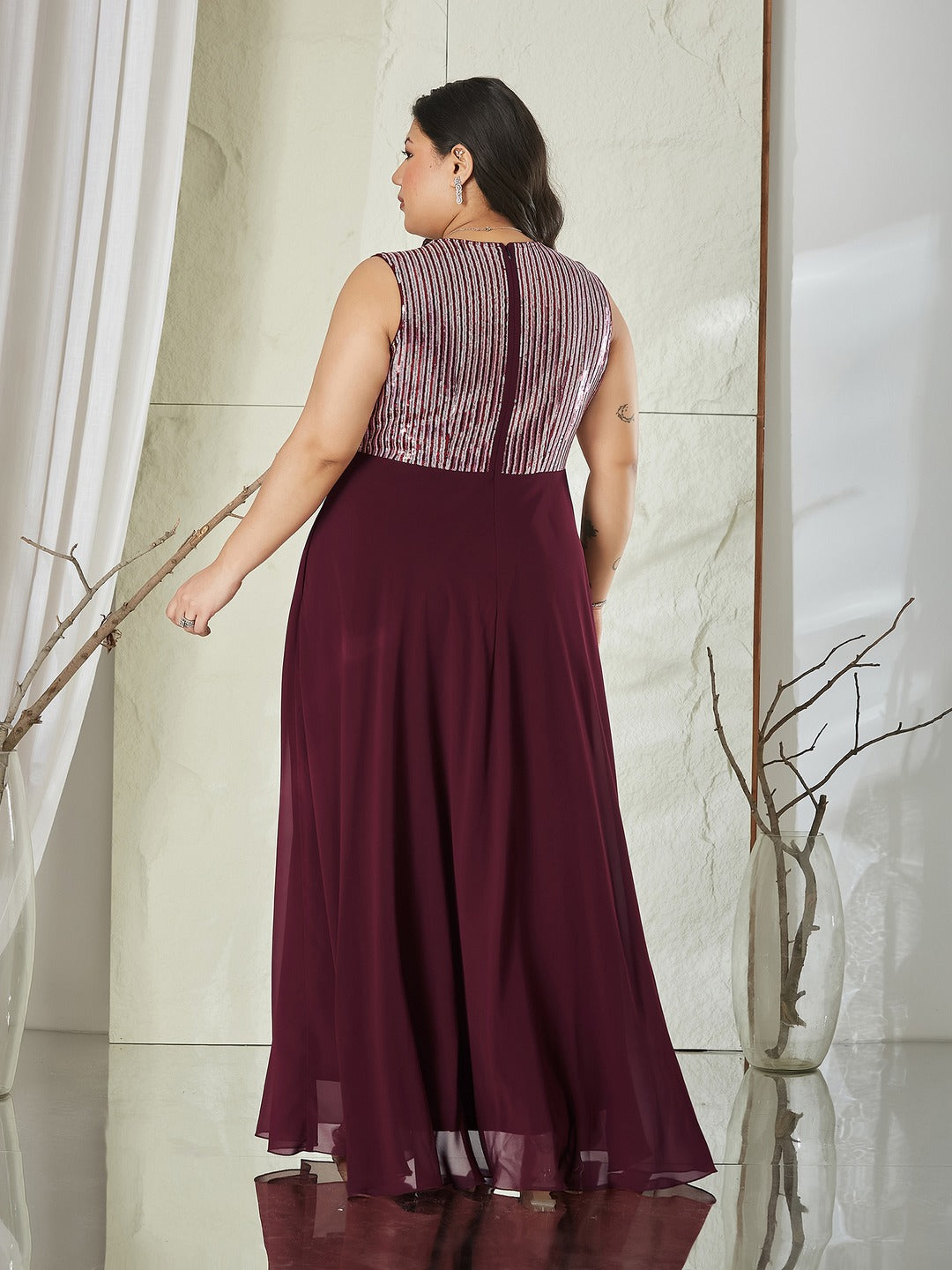 Wine V-Neck Sleeveless Embellished Wrap-Styled Maxi Georgette Dress for Women