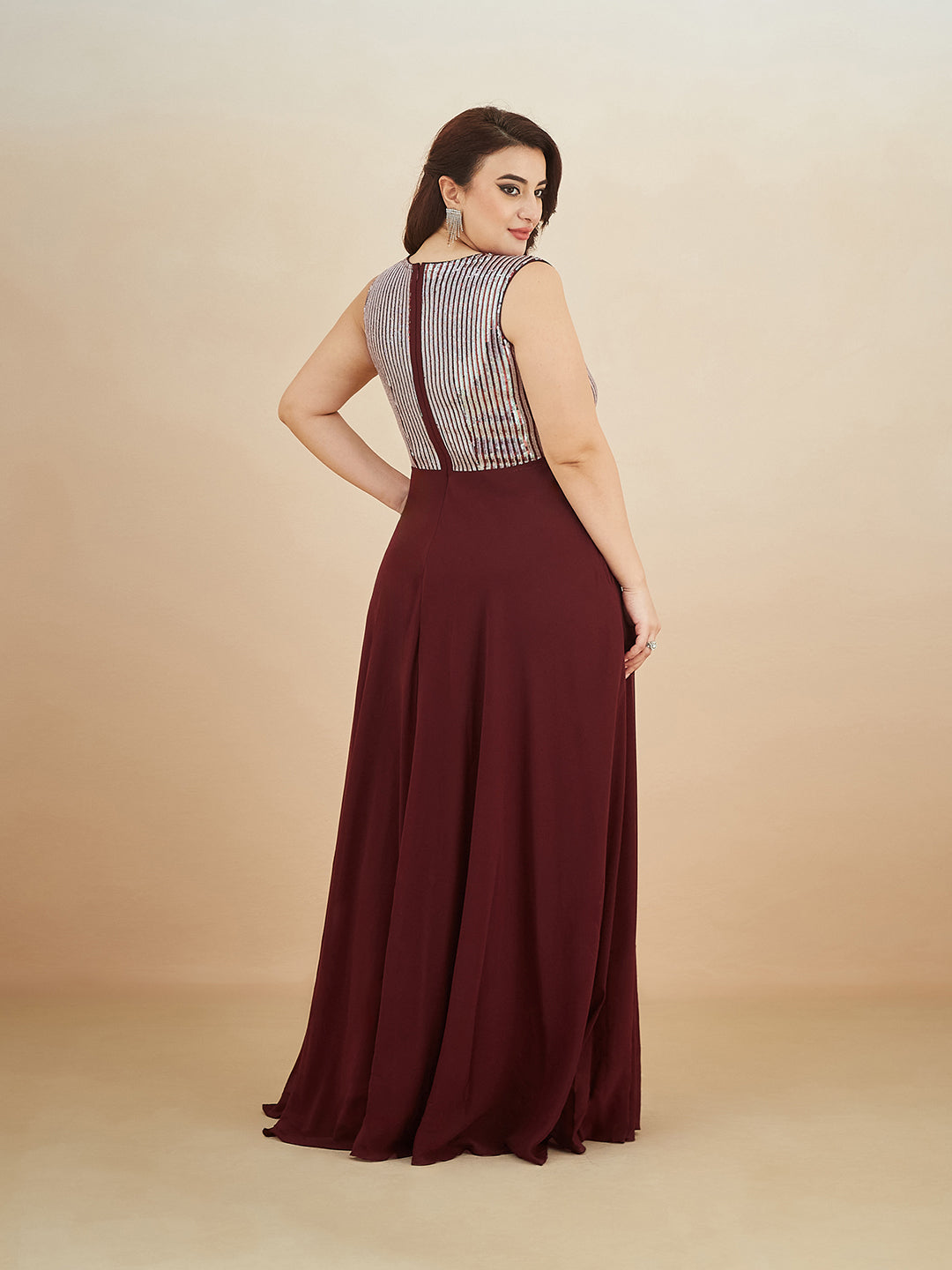Wine V-Neck Sleeveless Embellished Wrap-Styled Maxi Georgette Dress for Women — Miss Chase A+