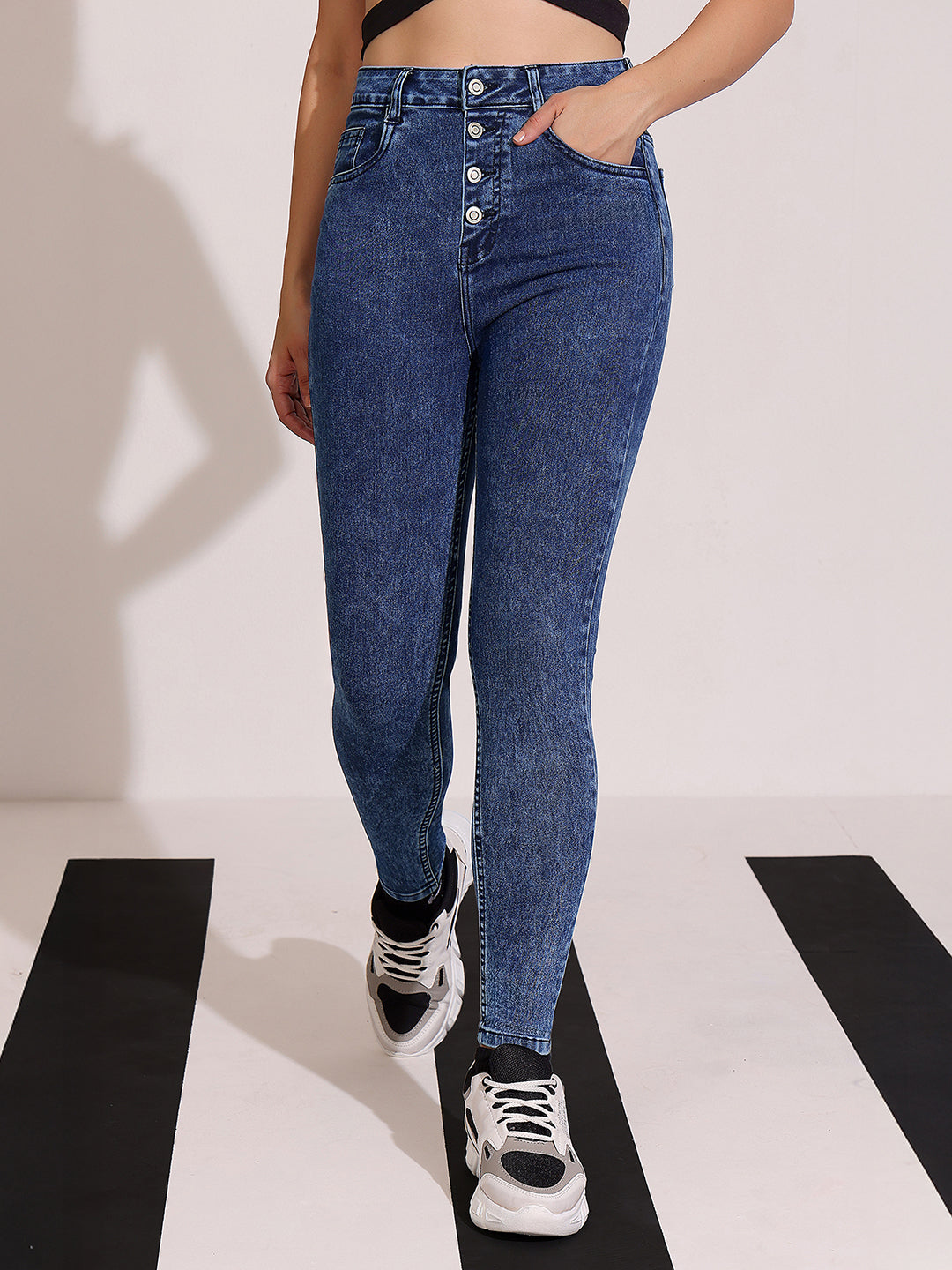 Women's Blue Skinny-Fit High-Rise Clean-Look Regular-Length Stretchable Denim Jeans