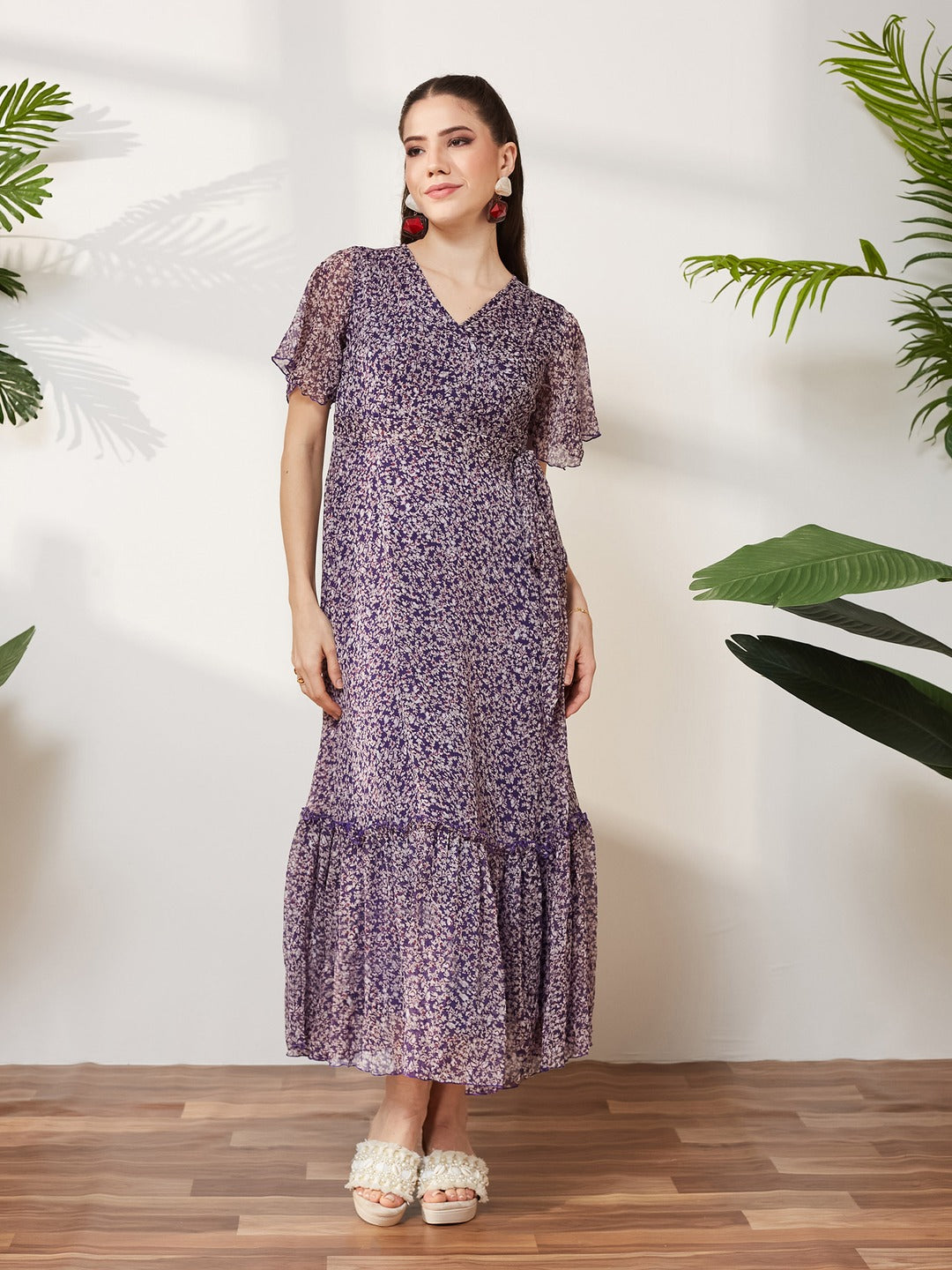 Purple V Neck Flared Sleeve Floral Wrap Chiffon Maxi Dress for Women