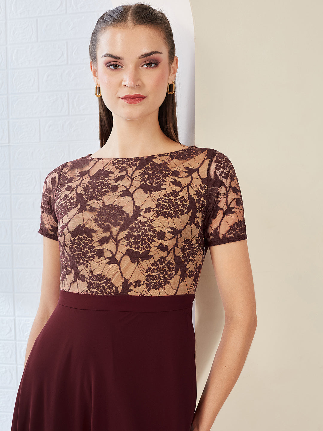 Wine & Beige Relaxed Fit Regular Georgette Dress for Women