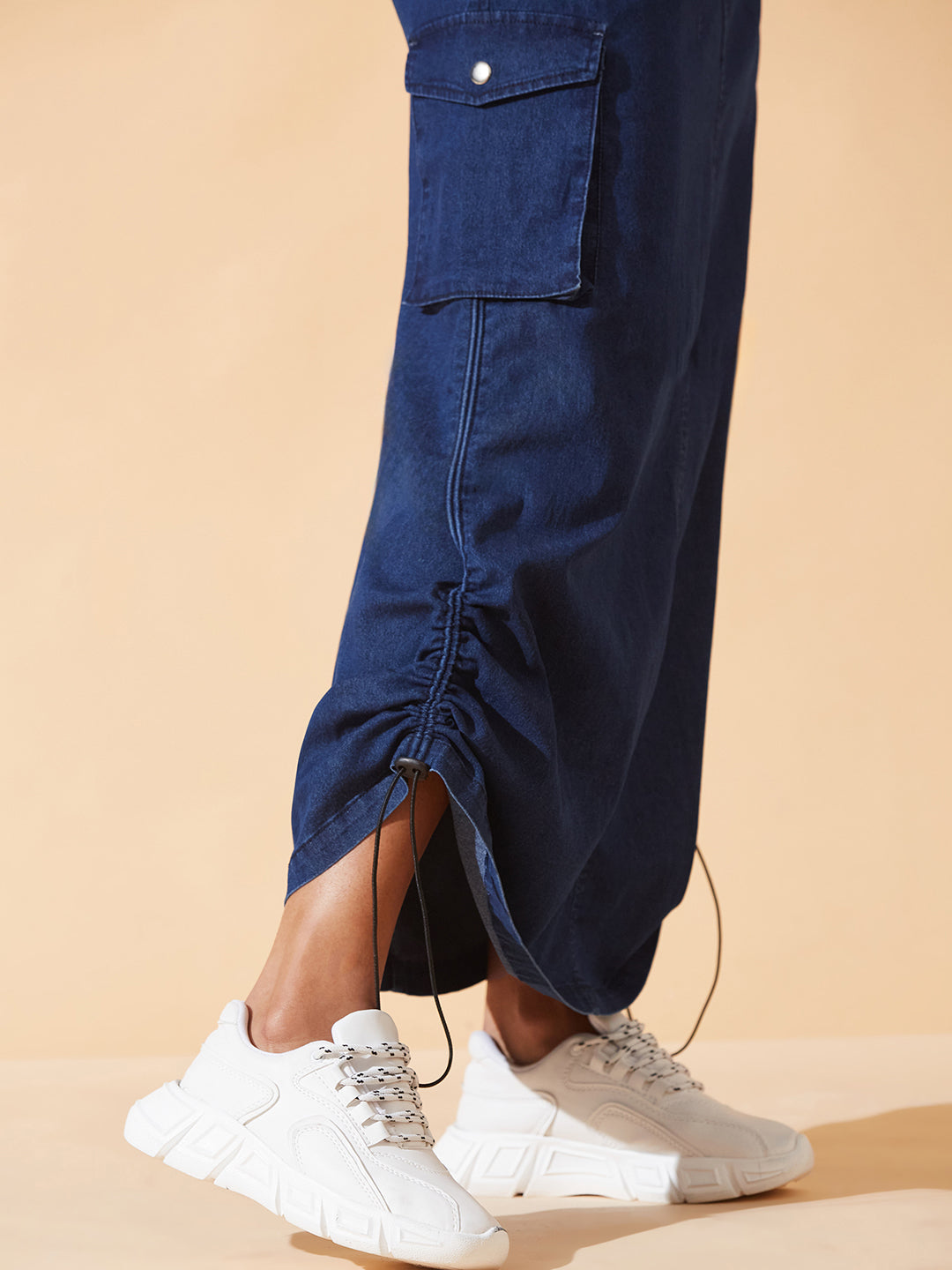 Navy-Blue Baggy High-Rise Ruched Parachute Stretchable Denim Midi Skirt for Women
