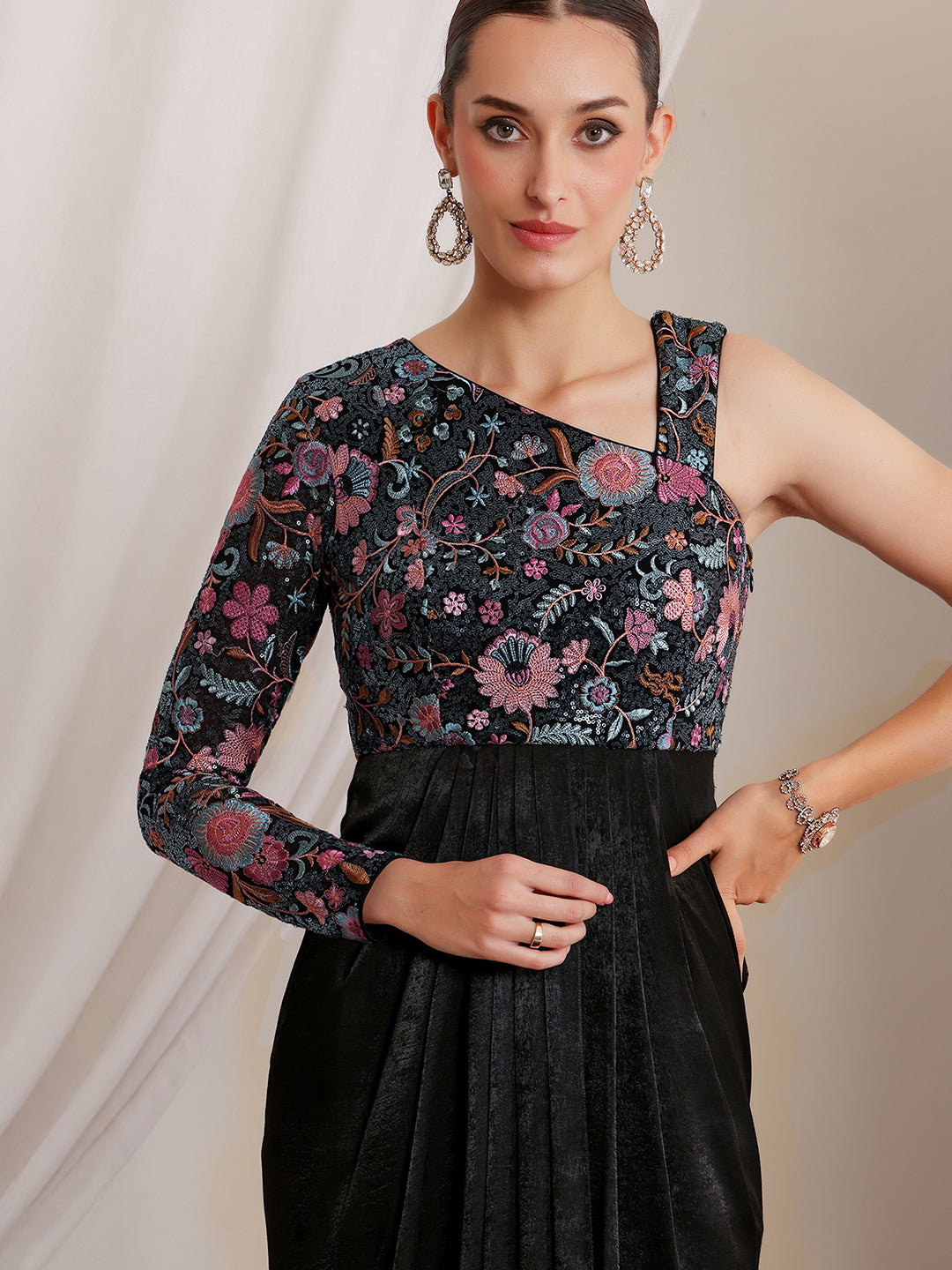 Women's Black One-Shoulder Full Sleeve Embroidered Pleated Satin Maxi Dress