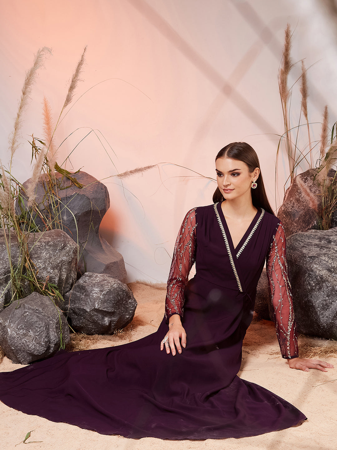 Dark Purple V-Neck Full Sleeve Embellished Fit & Flare Maxi Georgette Ethnic Dress for Women — Miss Chase
