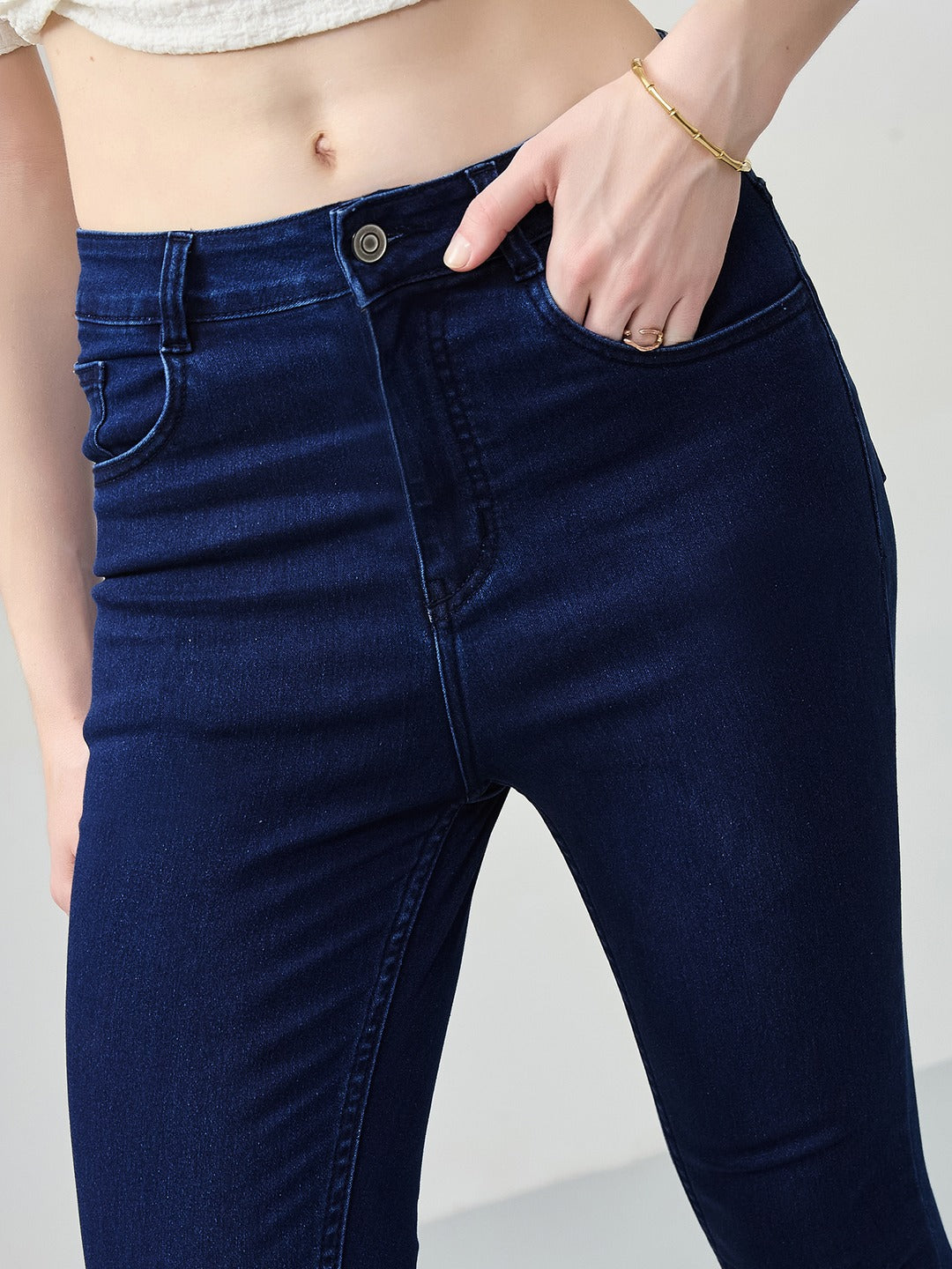 Navy Blue Skinny Fit high-rise Pearl Embellished On The Hem Denim Stretchable Jeans for Women