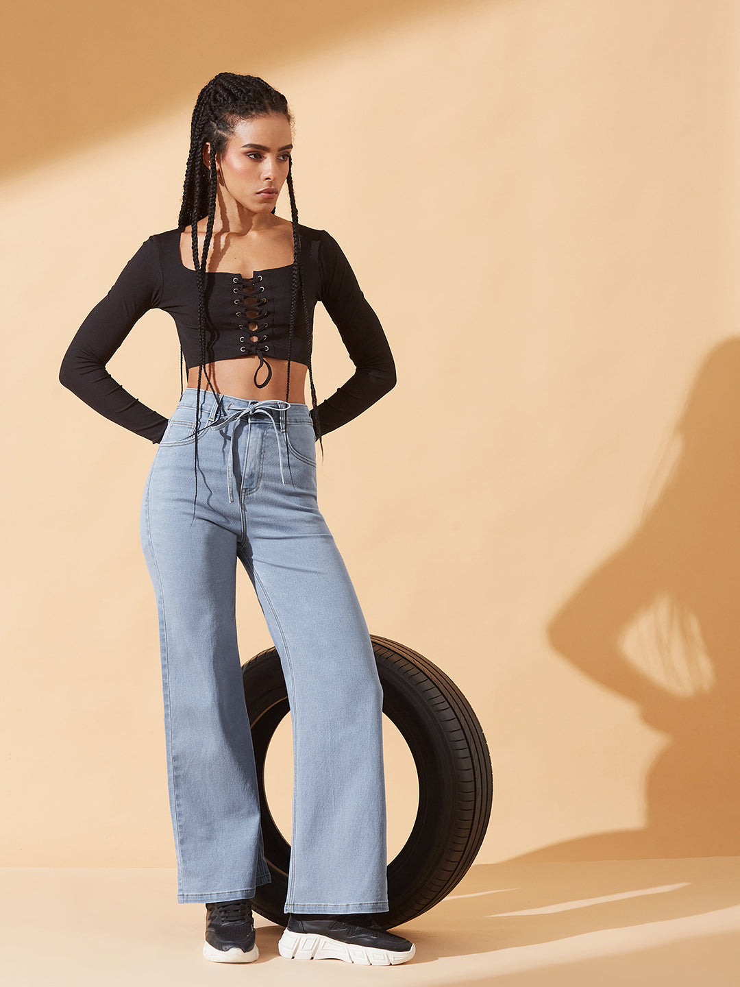 Light-Blue High-Rise Wide-Leg Stretch Denim Jeans with Tie-Up Waist for Women