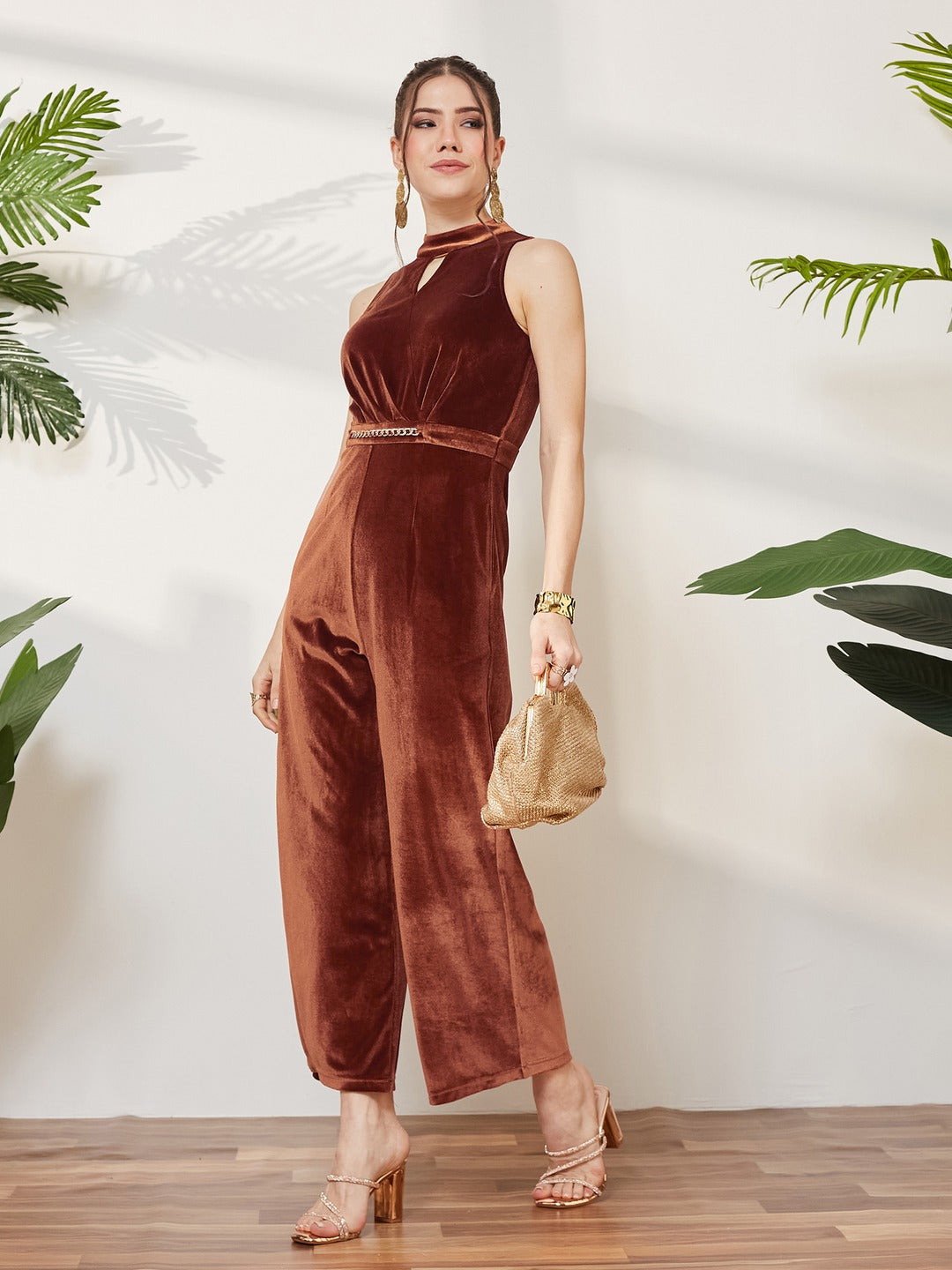 Rust Choker Neck Sleeveless Solid Pleated Regular Jumpsuit for Women