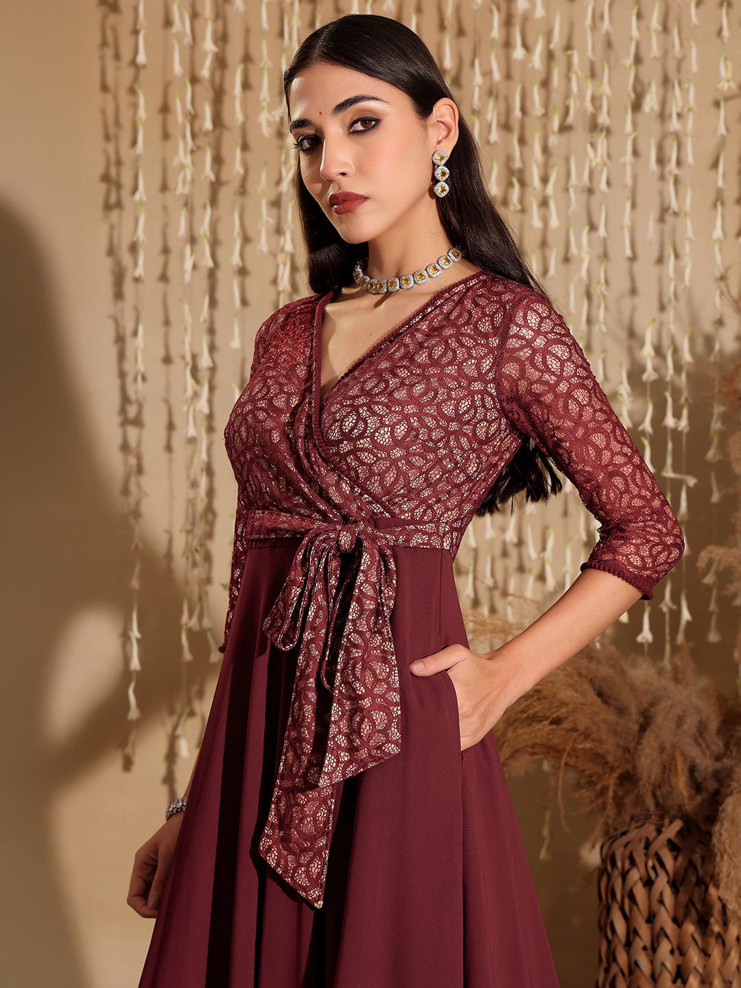 Women's Multicolored V-Neck Bishop Sleeve Bohemian Patterned Straight Leg Wrap Regular Silk Jumpsuit