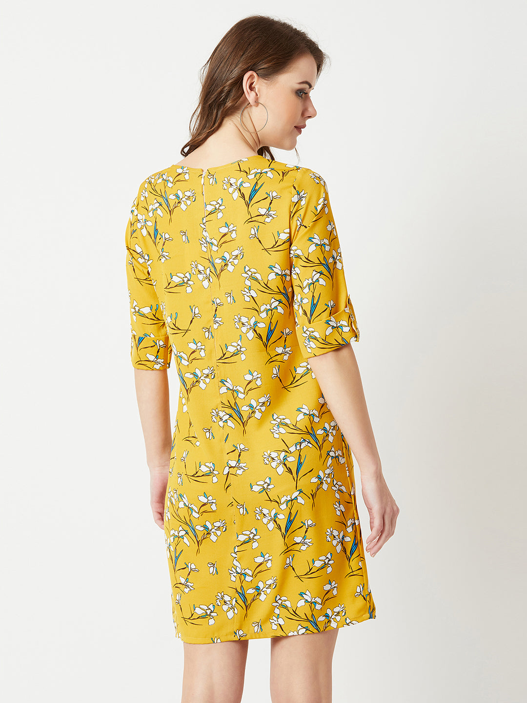 Women's Multicolored With A Yellow Base Round Neck 3/4 Sleeve Floral Knee-Long Shift Dress