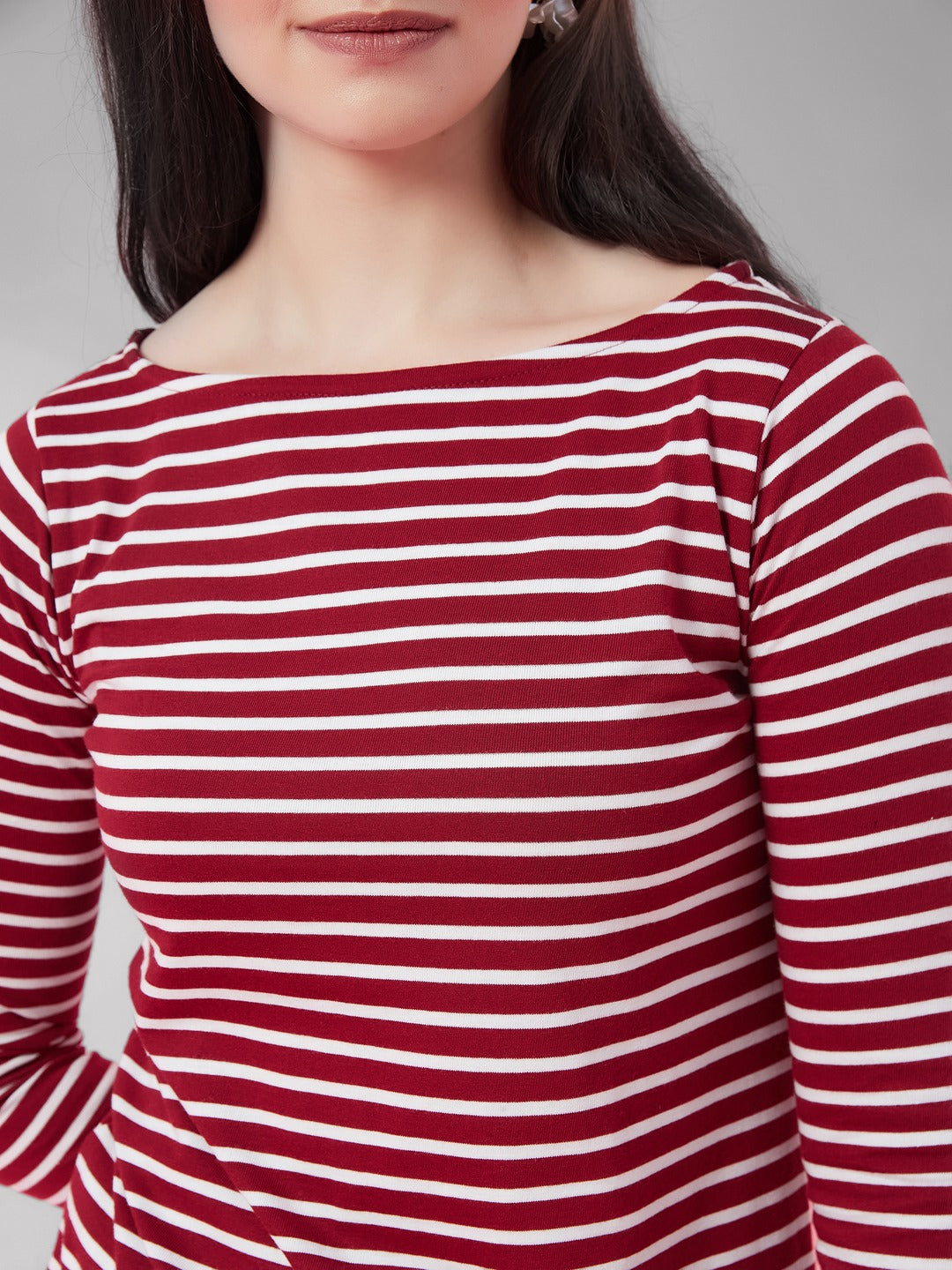 Maroon & White Boat Neck 3/4 Sleeve Cotton Striped Top for Women