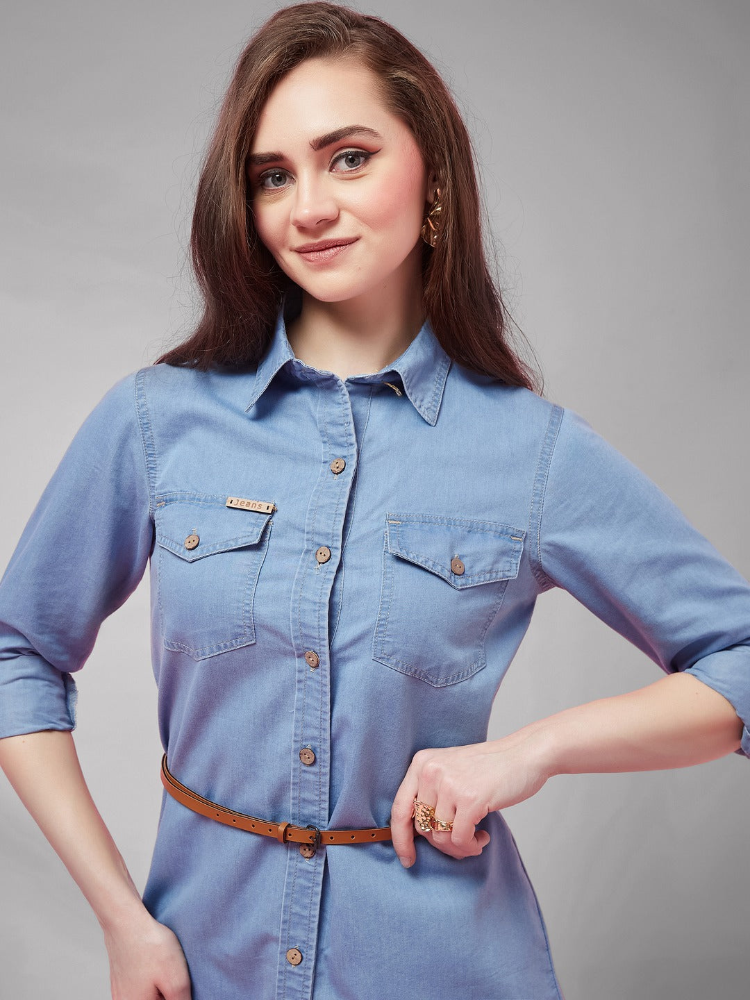 Blue Polo Neck Rolled Up Full Sleeve Denim Solid Buttoned A-Line Mini Dress for Women