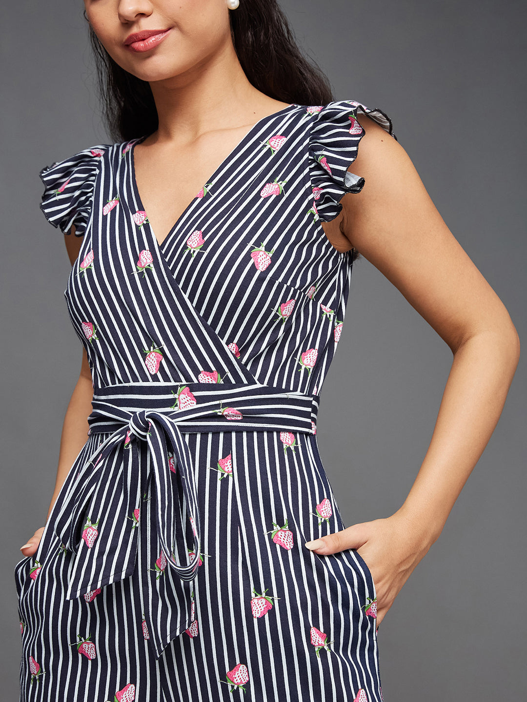 Women's Multicolored-Base-Navy V-Neck Cap Sleeve Striped Waist Tie-Up Pure Cotton Regular-Length Jumpsuit