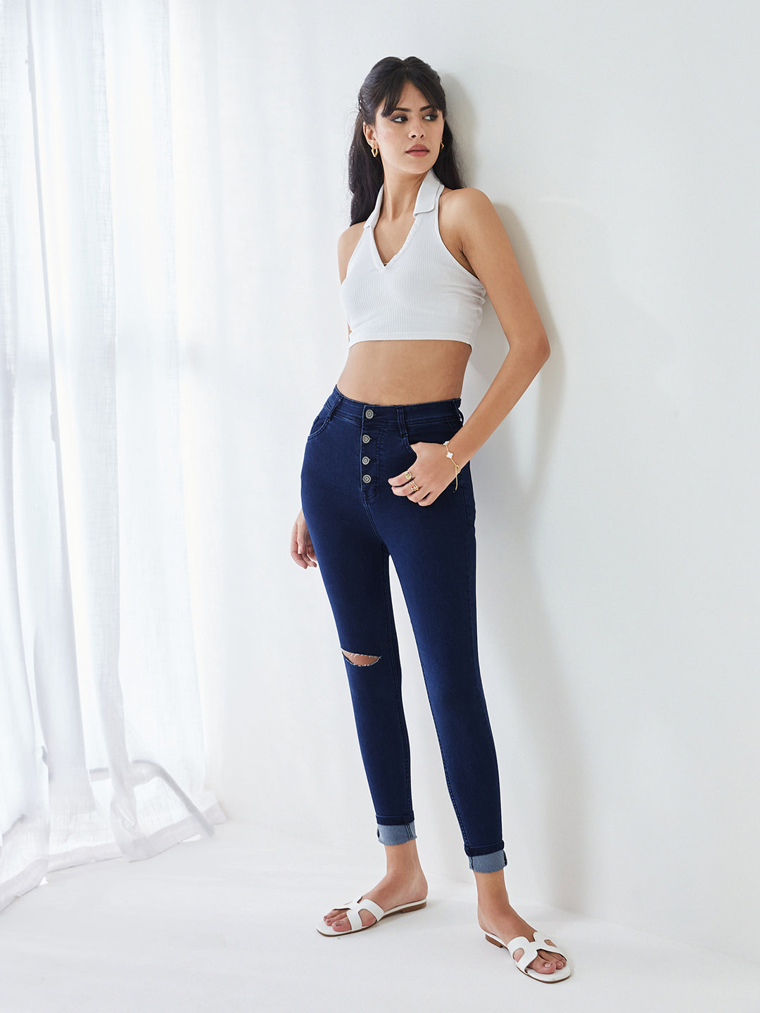 24/7 Comfort Navy Blue Skinny High-Rise Knee Slit  Denim Jeans For Women
