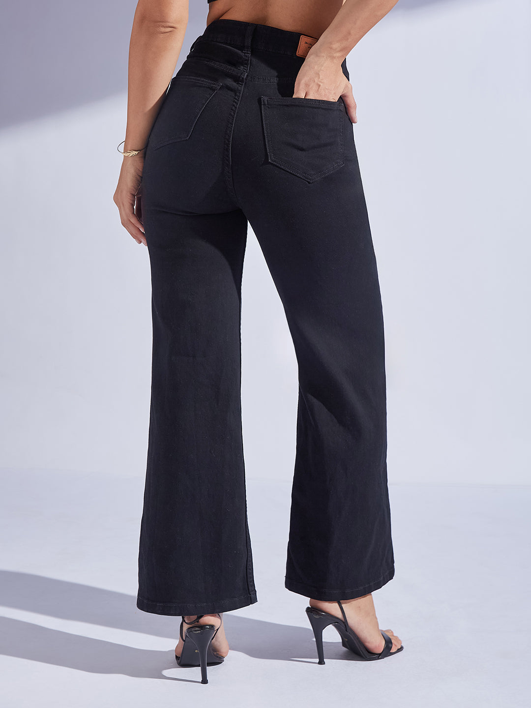 Black Wide Leg High-Rise Hand Painted Thermal Hand-Scan Stretchable Denim Jeans for Women