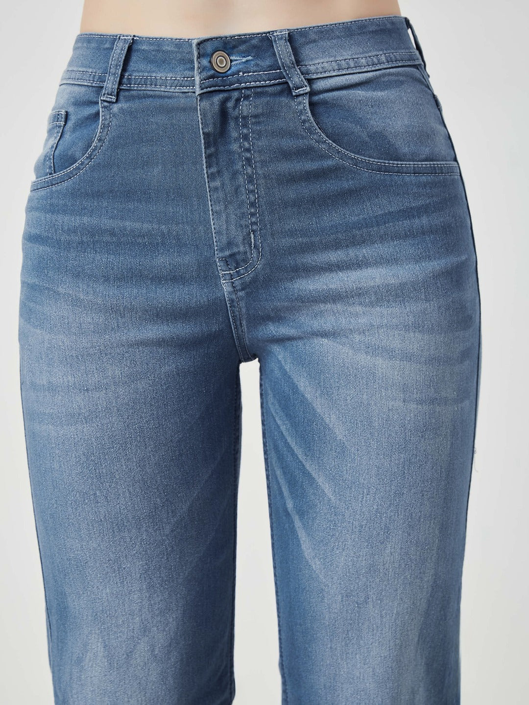 Light Blue Wide-Leg Mid Rise Blast Effect Light Weight Denim Jeans for Women
