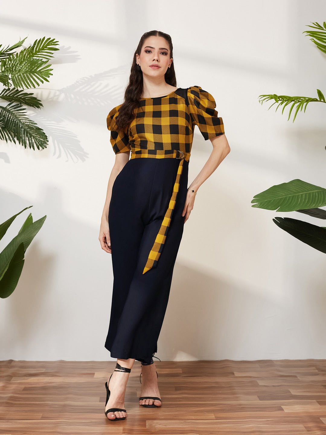 Black & Mustard Round Neck Cowl Sleeve Checkered Wide-leg Viscose-Rayon Regular Length Jumpsuit for Women