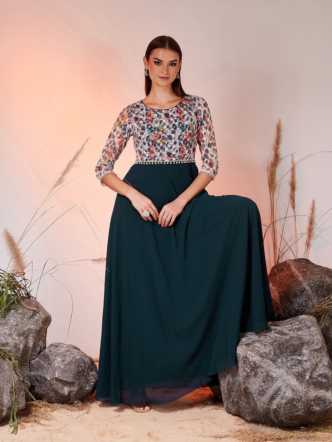 Teal Round Neck 3/4 Sleeve Embellished Embellished Maxi Georgette Ethnic Dress for Women — Miss Chase