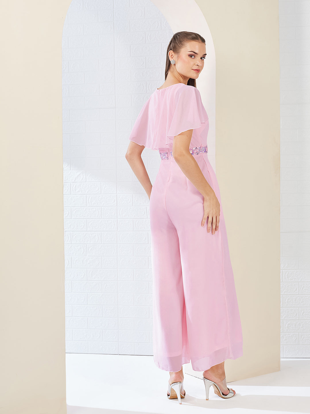 Light Pink Georgette V-Neck Cape Solid Layered Regular Jumpsuit for Women