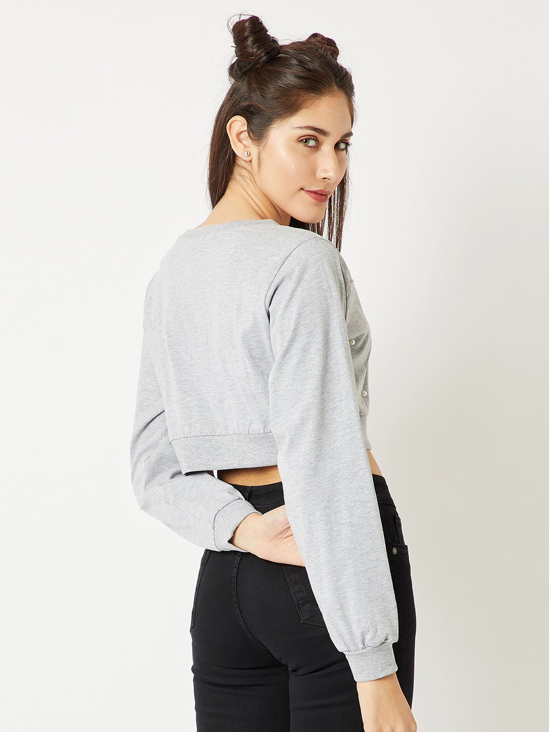 Women's Grey Round Neck Full Sleeve Cotton Solid Pearl Detailing Boxy Crop Top
