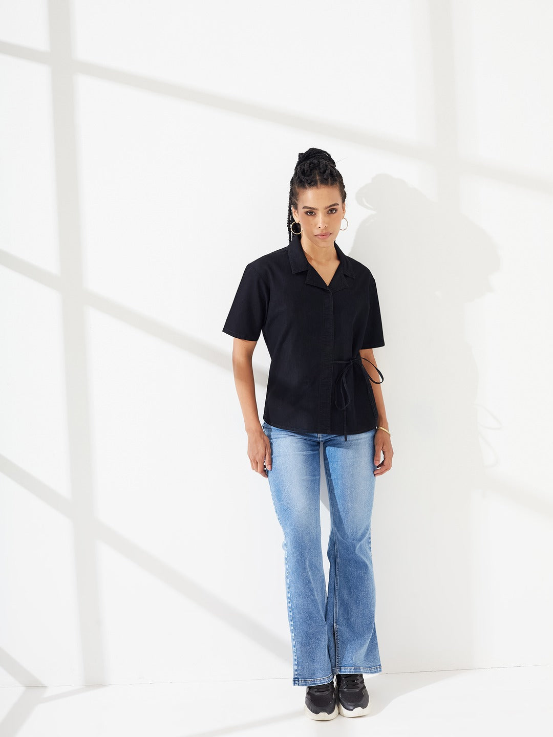Black Shirt Collar Short-Sleeves Tie Up Solid Denim Shirt for Women