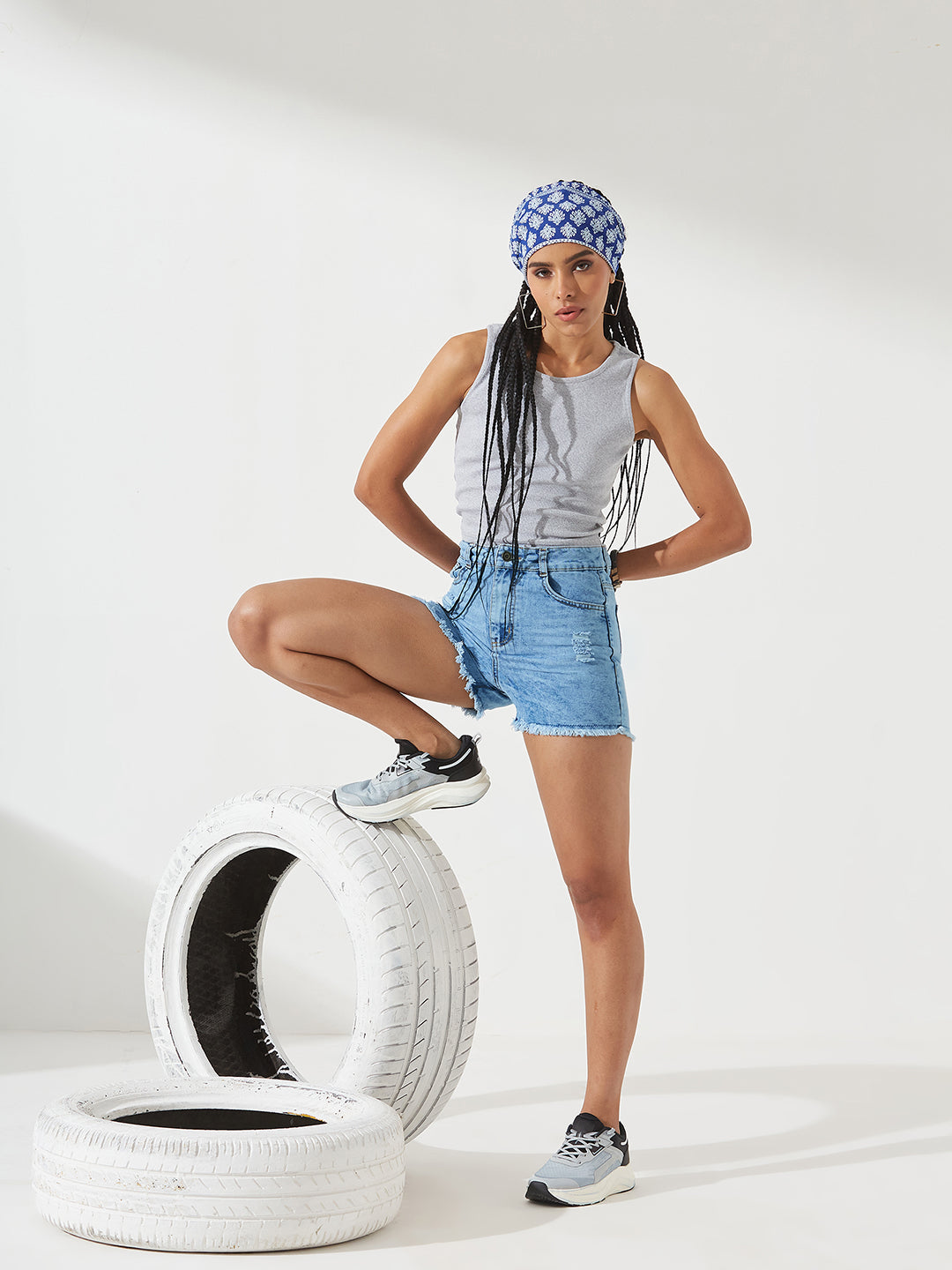 Light-Blue Relaxed Fit Mid-Rise Highly Distressed Denim Shorts for Women