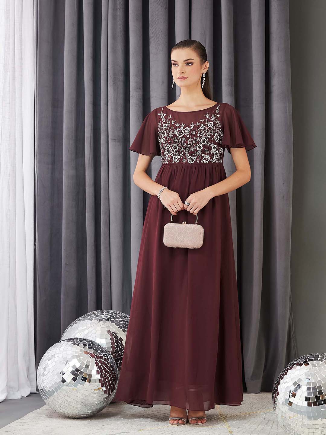 Women's Wine Boat Neck Half Sleeve Solid Embellished Georgette Maxi Dress