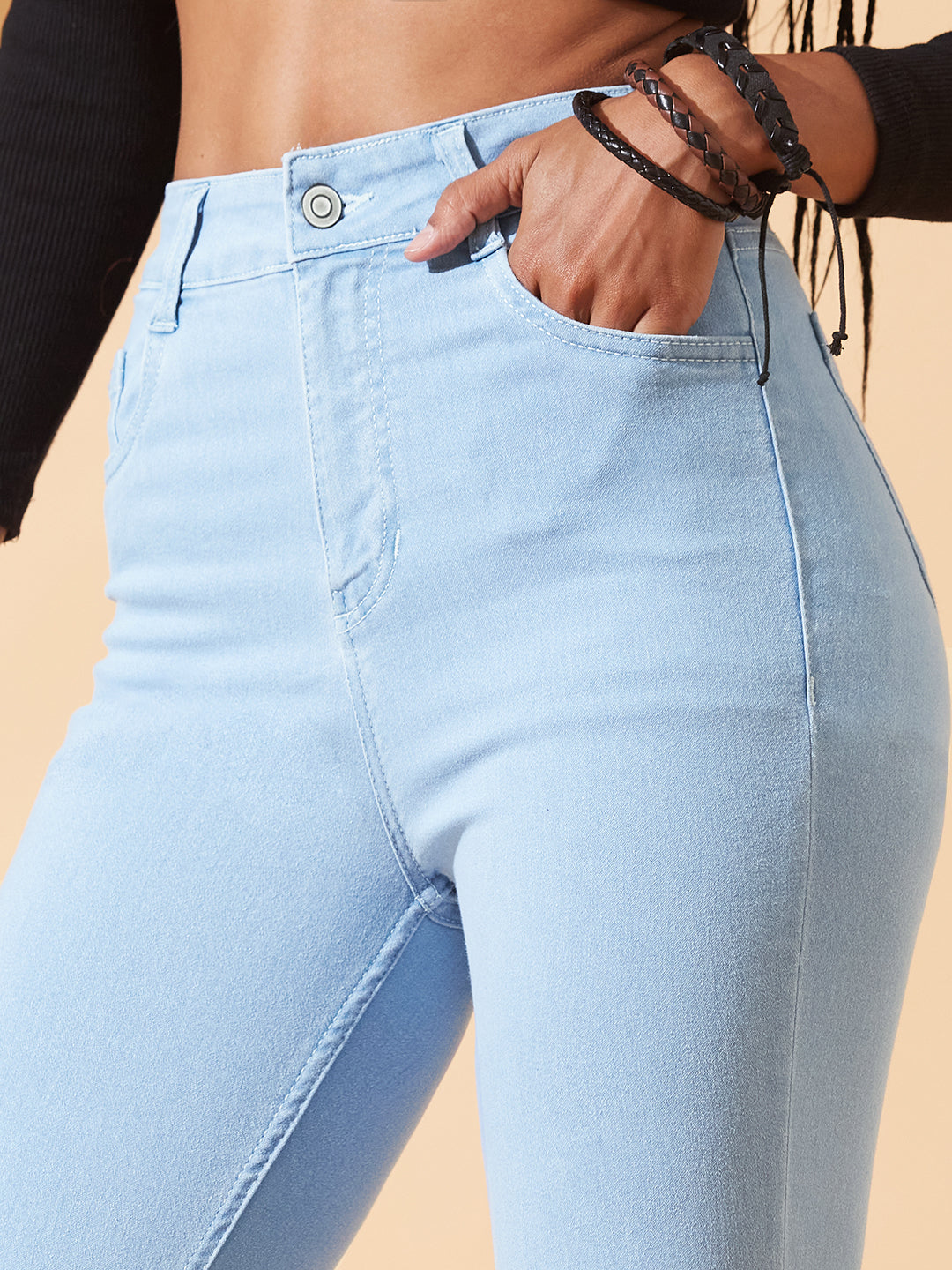 CHASEstretch™ Light-Blue Skinny-Fit Fringed Hemline Detailing High-Rise Ice Wash Cropped Solid Stretchable Denim Jeans for Women
