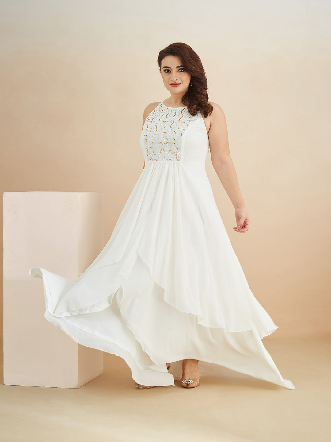 Off White Round Neck Sleeveless Solid Embellished Maxi Dress for Women