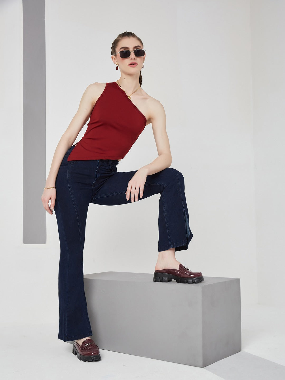 Navy Blue Bootcut high-rise Regular Stretchable Denim Jeans for Women