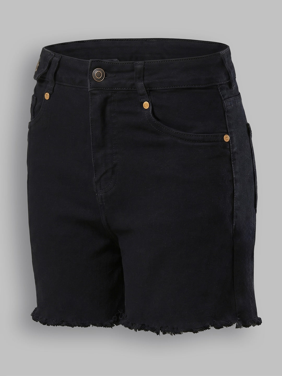 Black Relaxed Fit High Rise Stretchable Denim Shorts for Women
