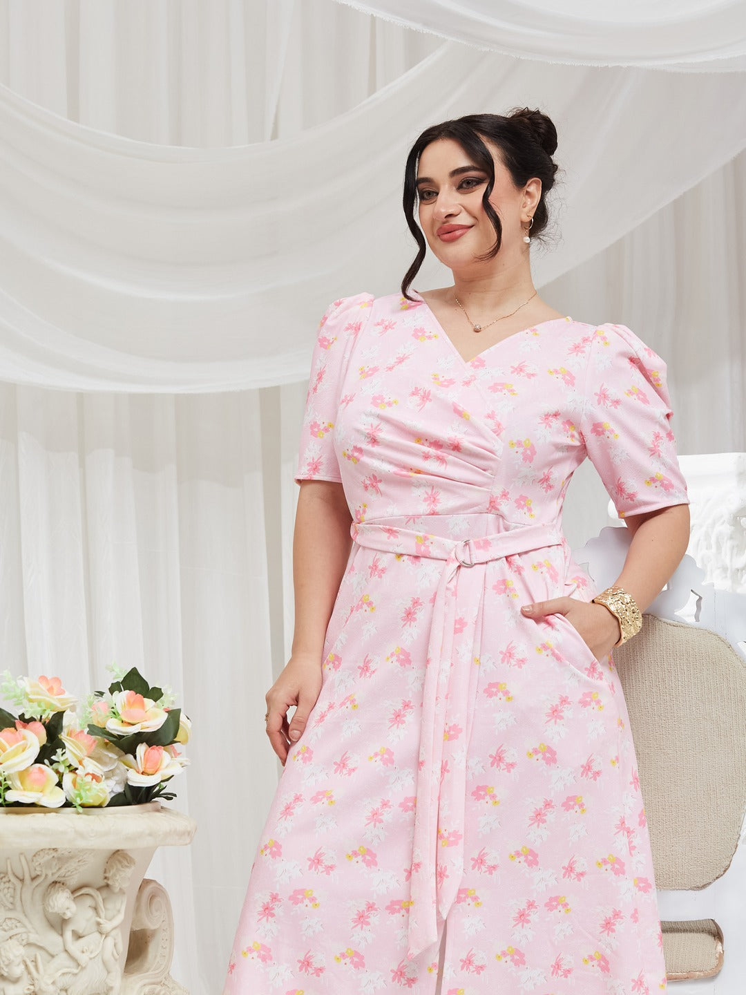 Pink V-neck Puff Sleeve Floral Wrap Midi Dress for Women — Miss Chase A+