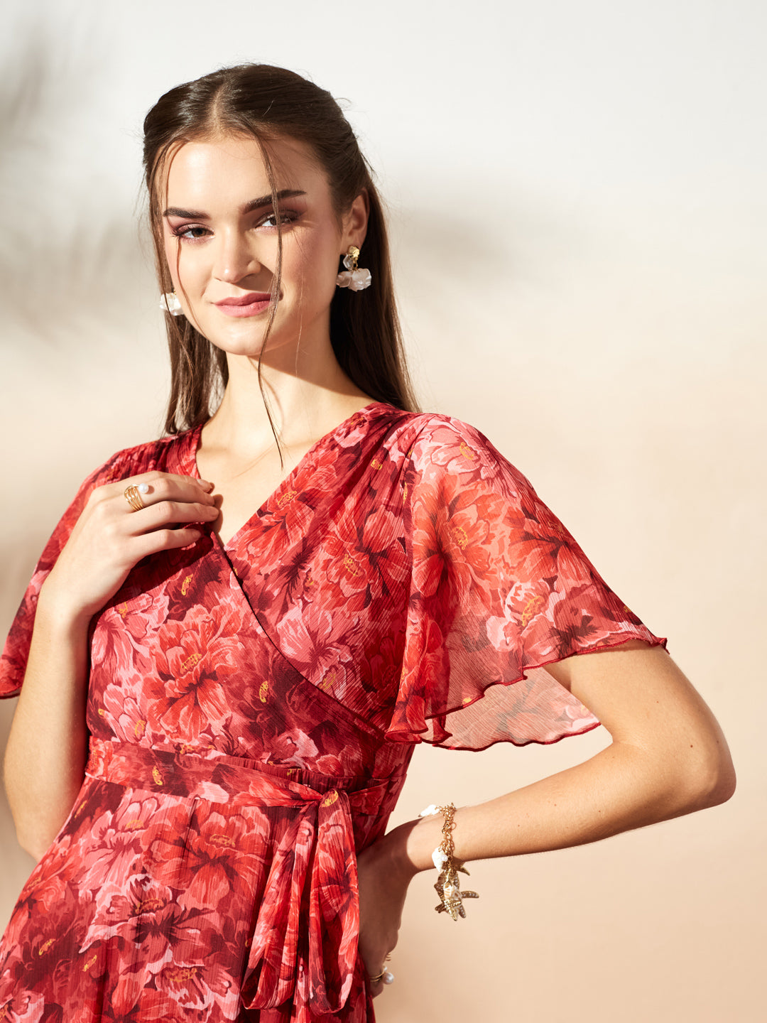 Red Floral Printed Flutter Sleeves Maxi Dress for Women