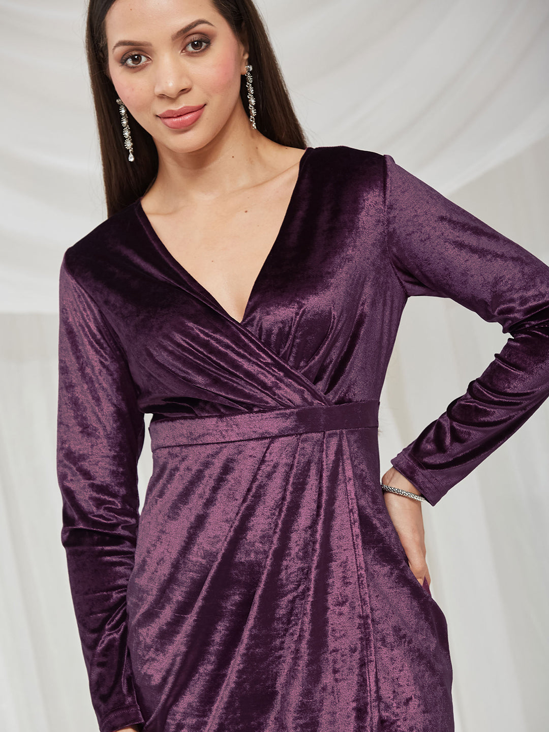 Dark Purple Velvet Wrap Knee-Length Dress with Draped Silhouette and Full Sleeves for Women — Miss Chase