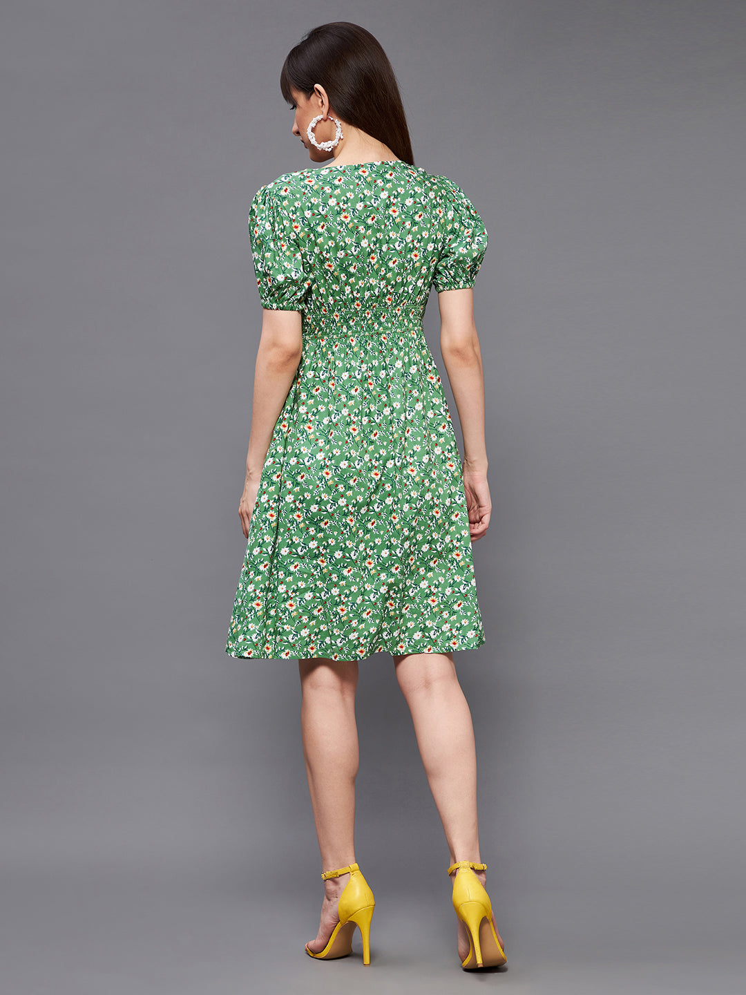 Women's Multicolored-Base-Green V Neckline Short Sleeve Viscose Rayon Floral Fit & Flare Midi Dress